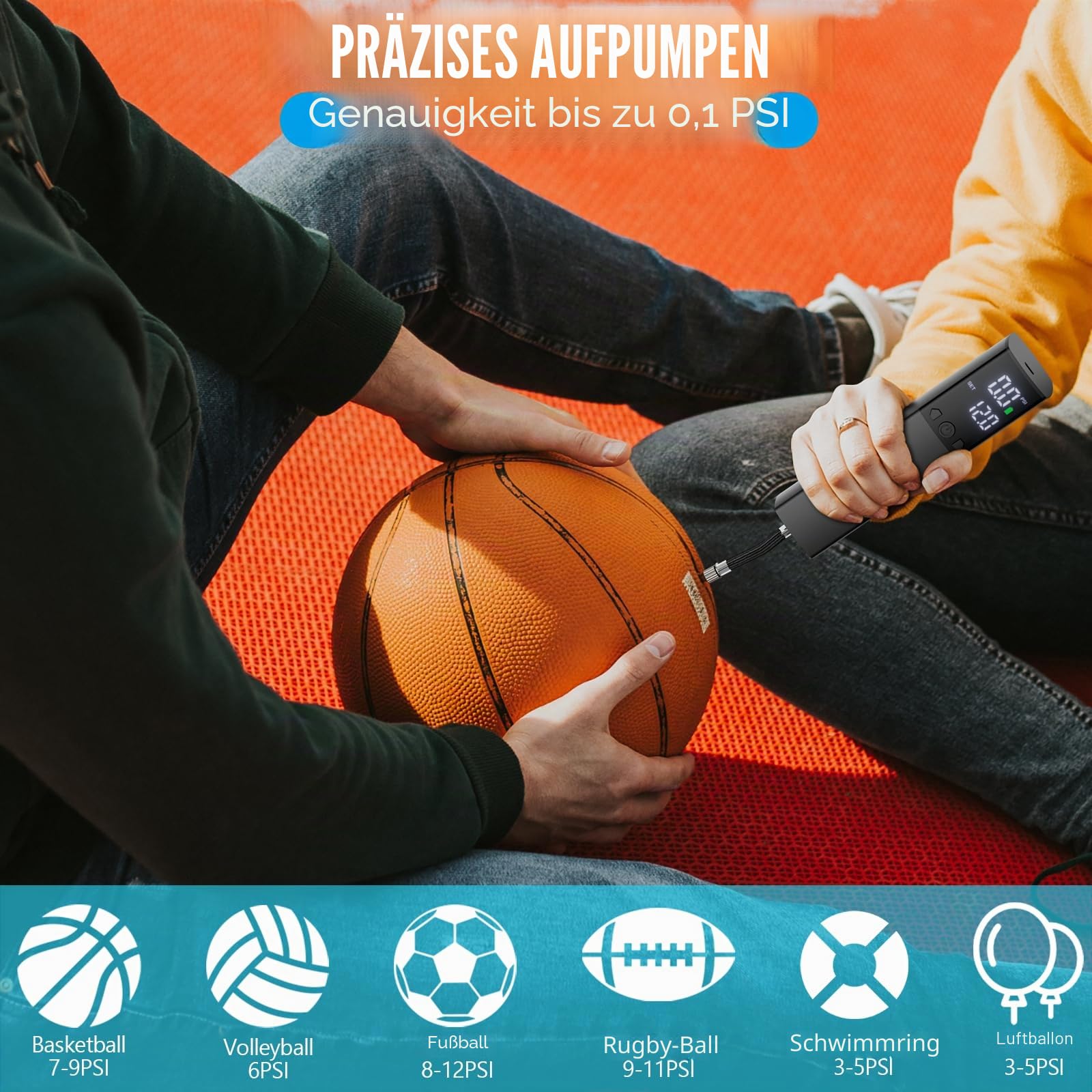 Elektrische Ballpumpe, tragbare automatische Ballpumpe für schnelles Aufpumpen von Bällen mit präzisem Manometer und digitalem LCD-Display für Basketball, Fußball, Volleyball (2 Nadeln und 1 Düse)