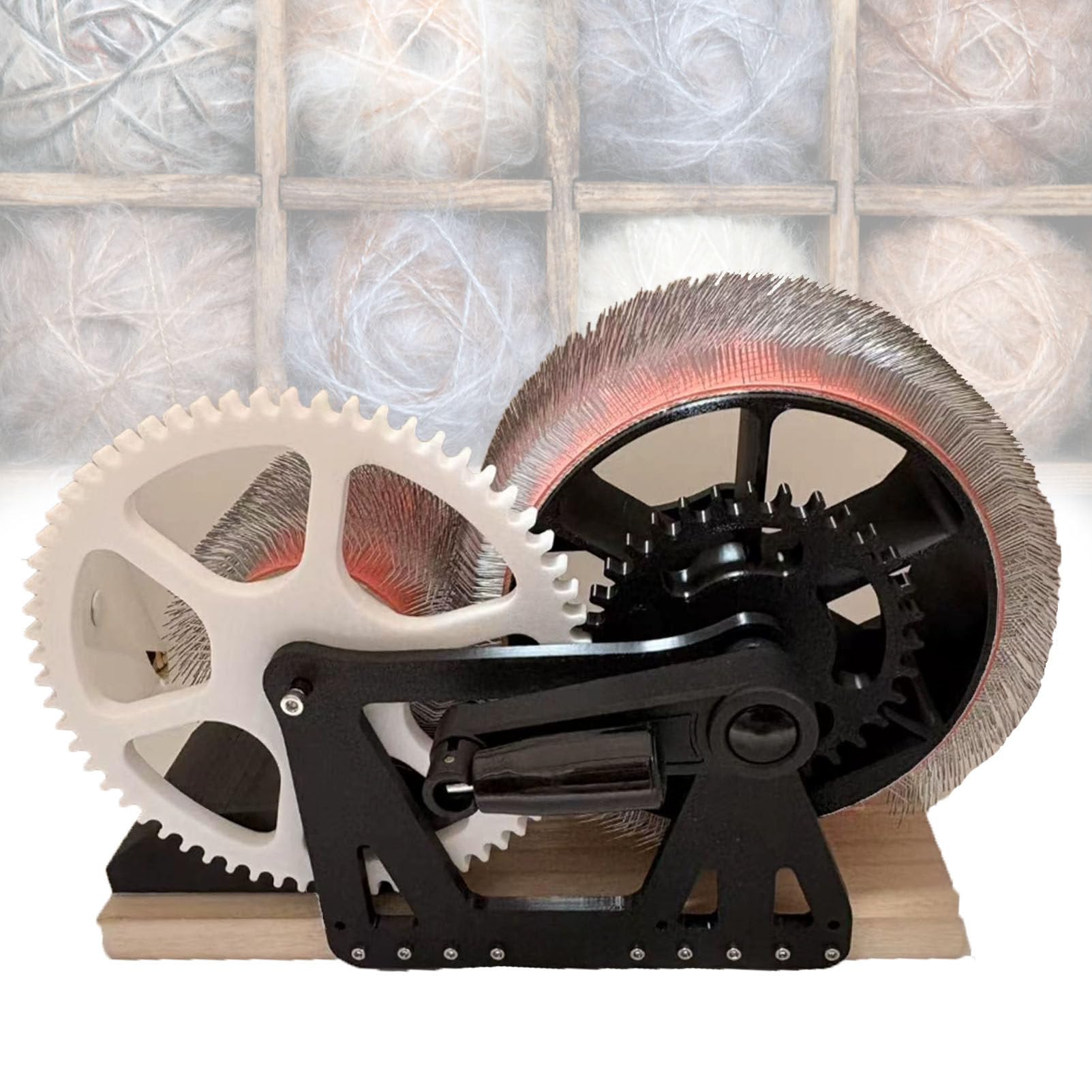Pfps Hand Crank Drum Carder for Wool Fiber, Manual Wool Combing Machine with Wooden Blending Board, Fast Color Mixing for Spinning, Felting, DIY Craft Supplies Blackwhite