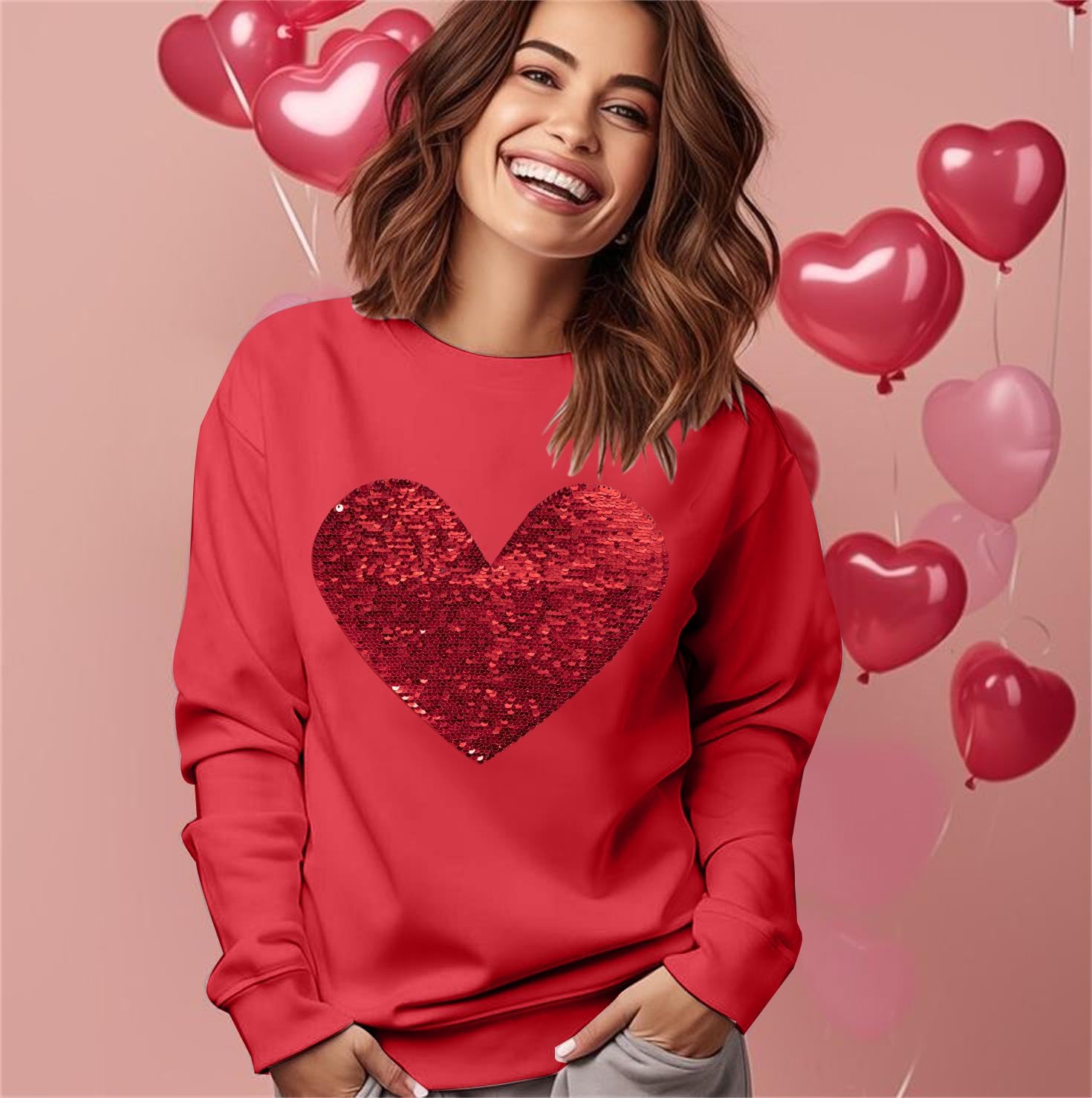 MNLYBABY Valentines Sequins Sweatshirts Women Valentine Heart Sweatshirt Casual Glitter Heart Graphic Pullover Tops - Image 4