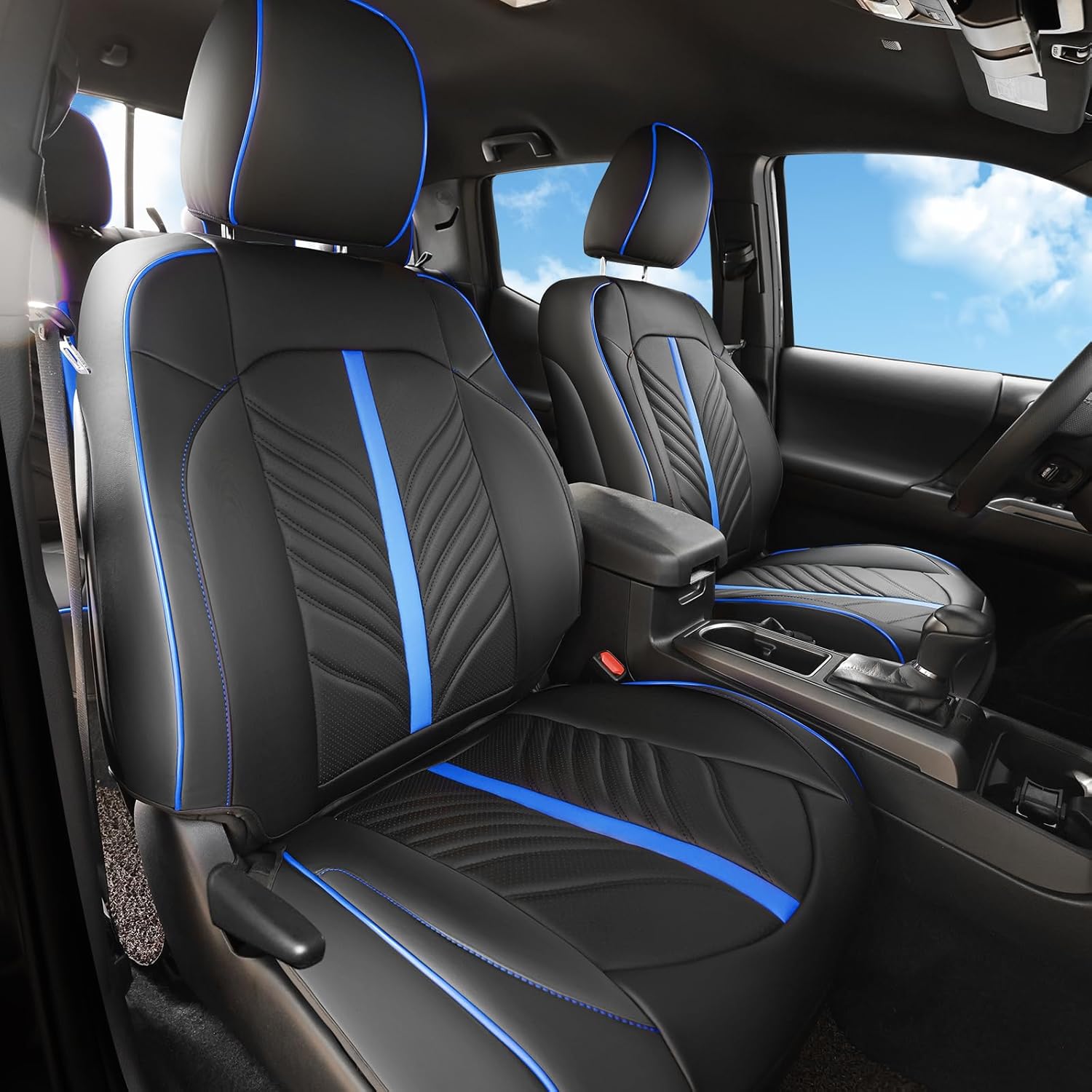 Leather Seat Covers Full Set Custom Fit for Toyota Tacoma 2016-2023 3rd Gen Double & Crew Cab SR SR5 Limited TRD Sport/Pro/Off Road,Interior Accessories,Full Coverage Seat Protector, Blue Black