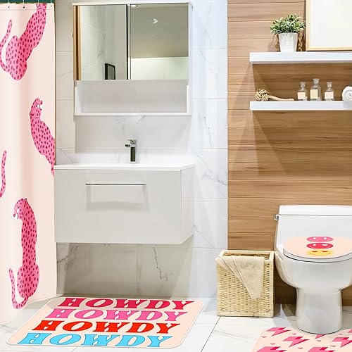 Miniatura 6 de Rtteri Juego de 4 piezas de baño rosa, con cortina de ducha y alfombras, impermeable, juego de cortinas de ducha con alfombras estilo cara sonriente