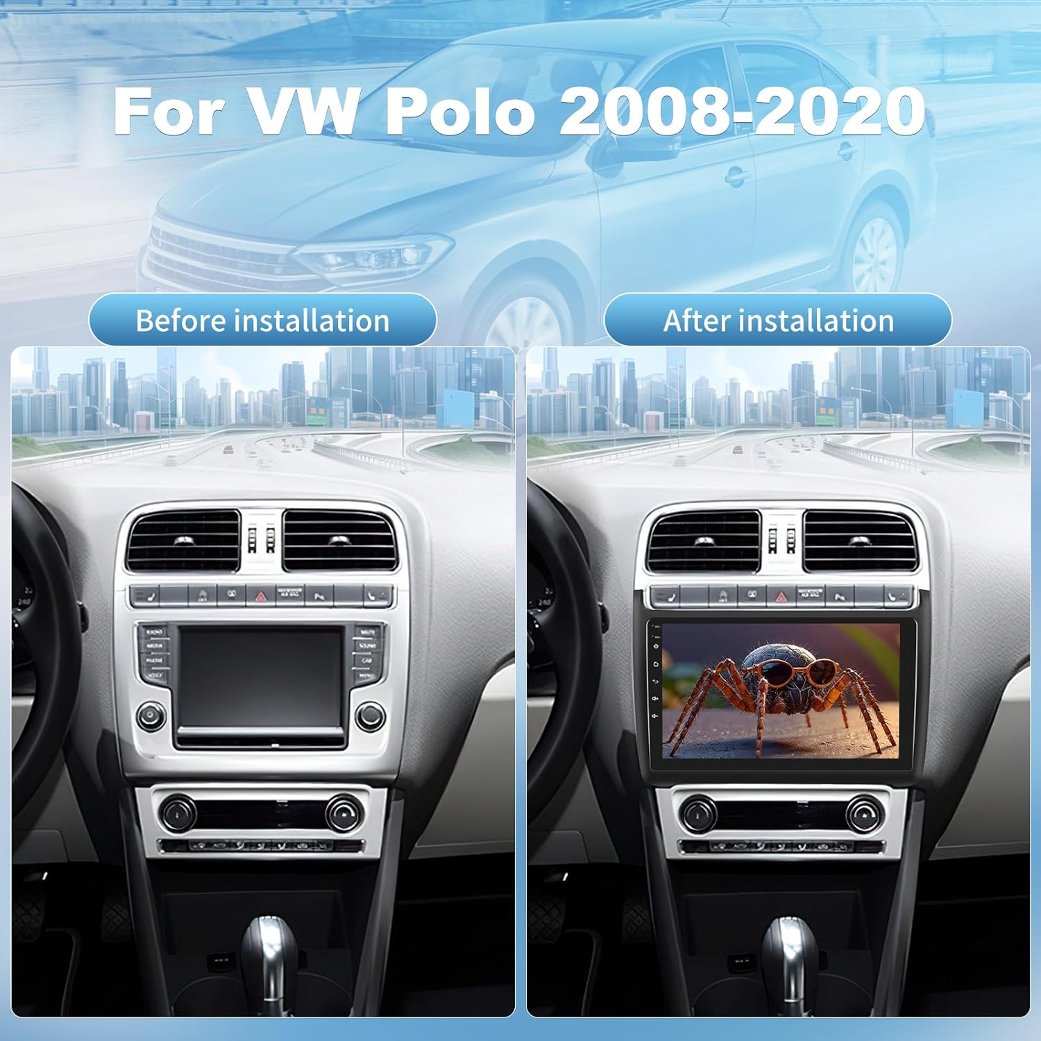 Comparison of a car dashboard before and after installation of the ETLFUCyber car stereo.