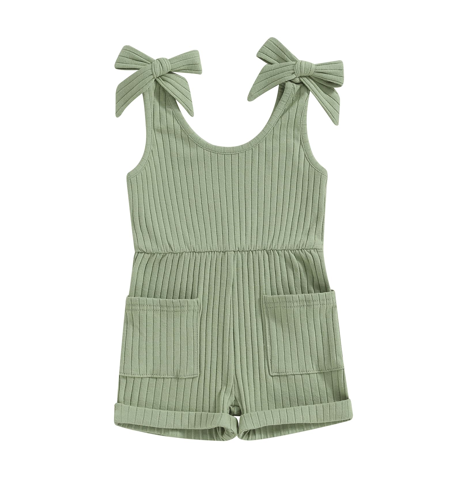 Toddler Baby Girl Romper Summer Ribbed Bow Straps Jumpsuit Playsuit Botton Down Tank Vest Romper One Piece Outfits (Light Green, 18-24 Months)