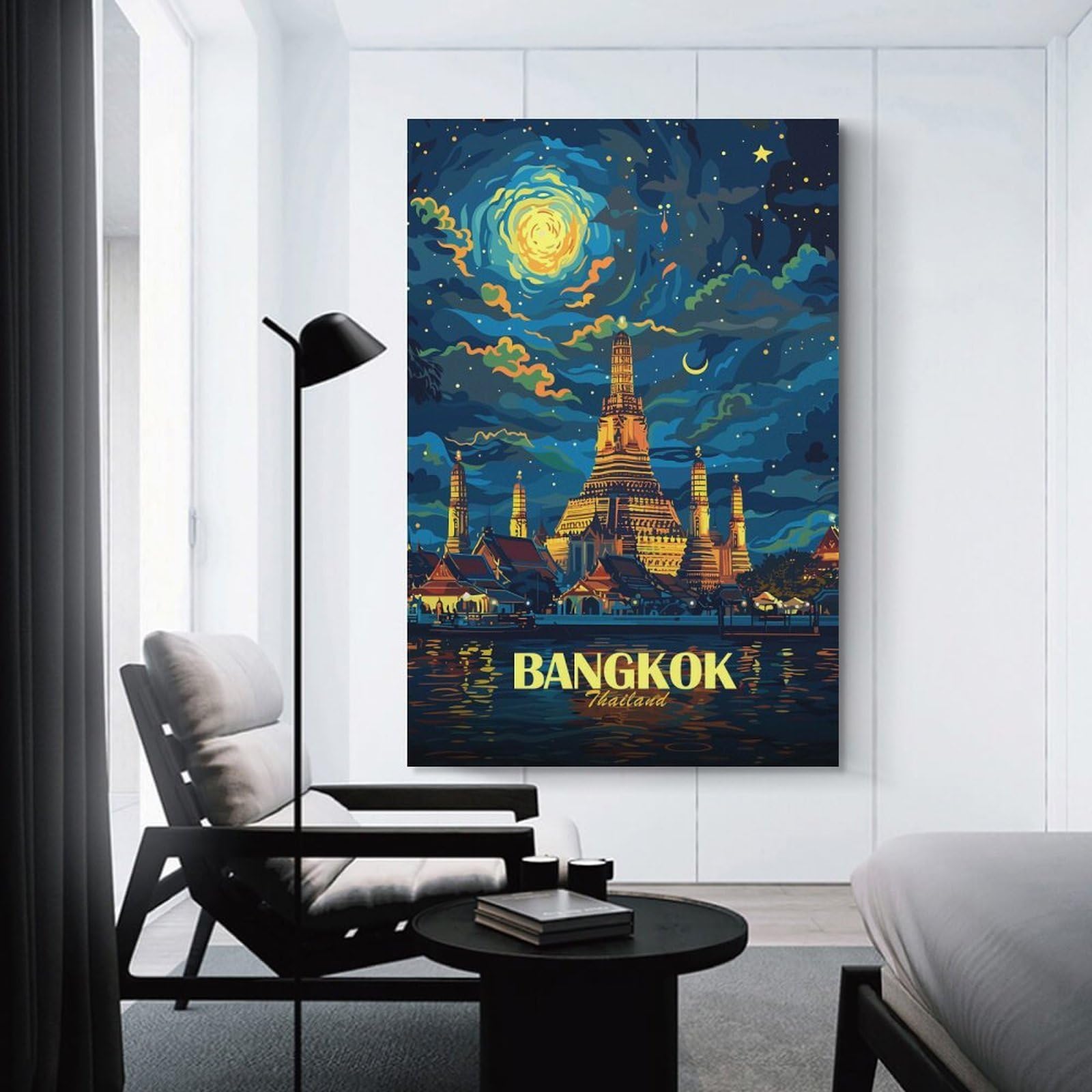 Junmoney Wall Art Print Bangkok Thailand Nightscape, 24x36inch(60x90cm), for Home Lounge, Bedroom Or Reading Nook, Canvas Styling for A Polished Room Look