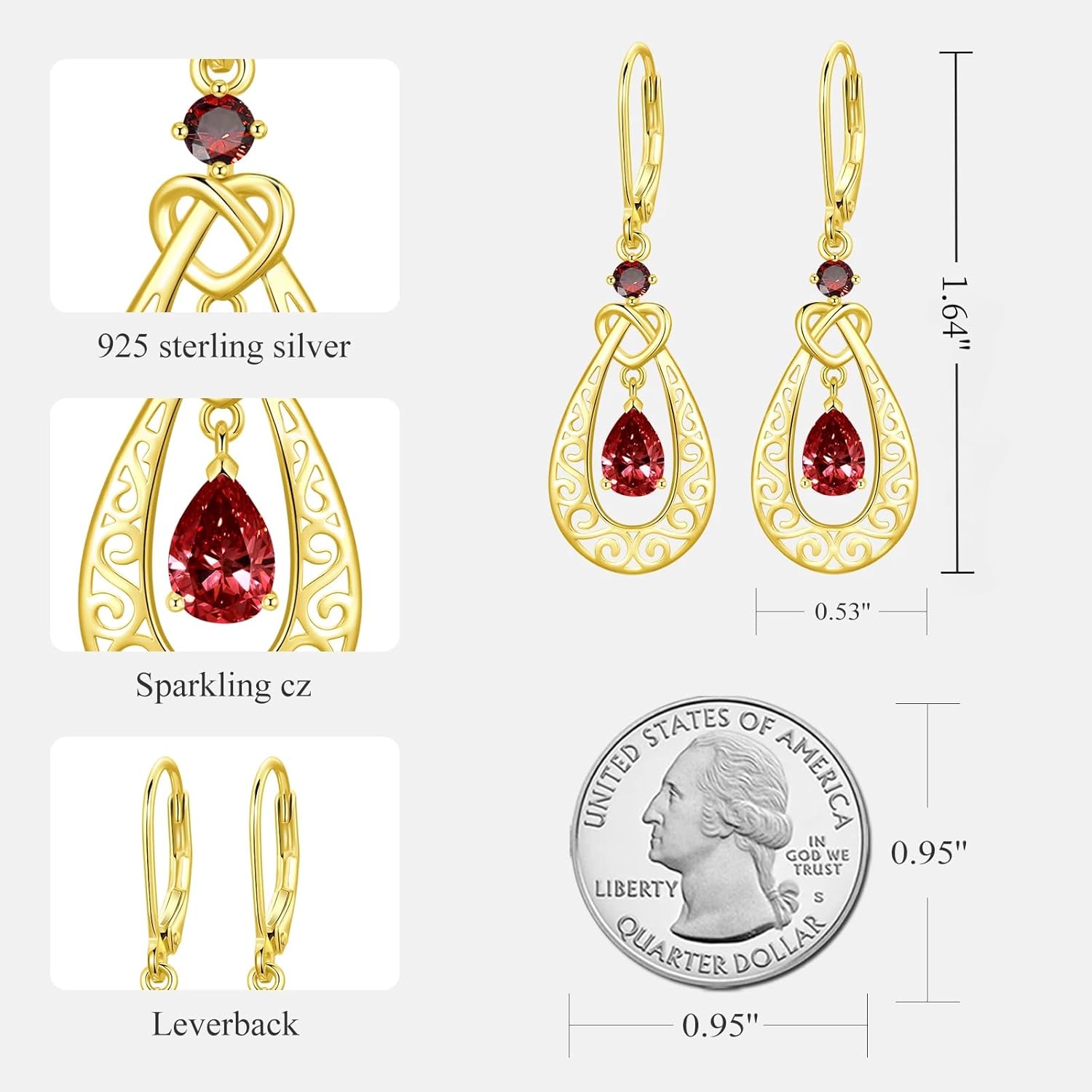 Teardrop Birthstone Dangle Drop Earrings Sterling Silver Infinity Filigree Leverback Earrings, Infinity Love Birthday Anniversary Jewelry Gifts for Her Women Mom Wife - Image 4