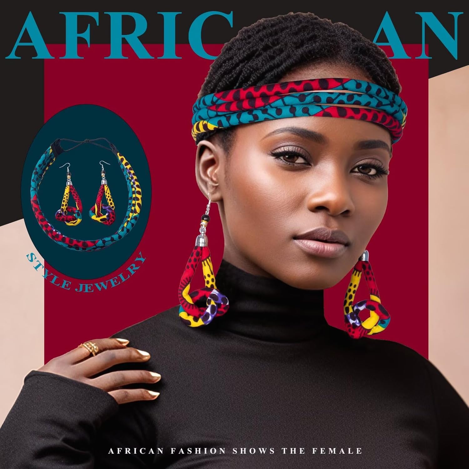 BintaRealWax Women's African Headband with Earring African Printed Headdress Three Strand Rope Adjustable 3PS