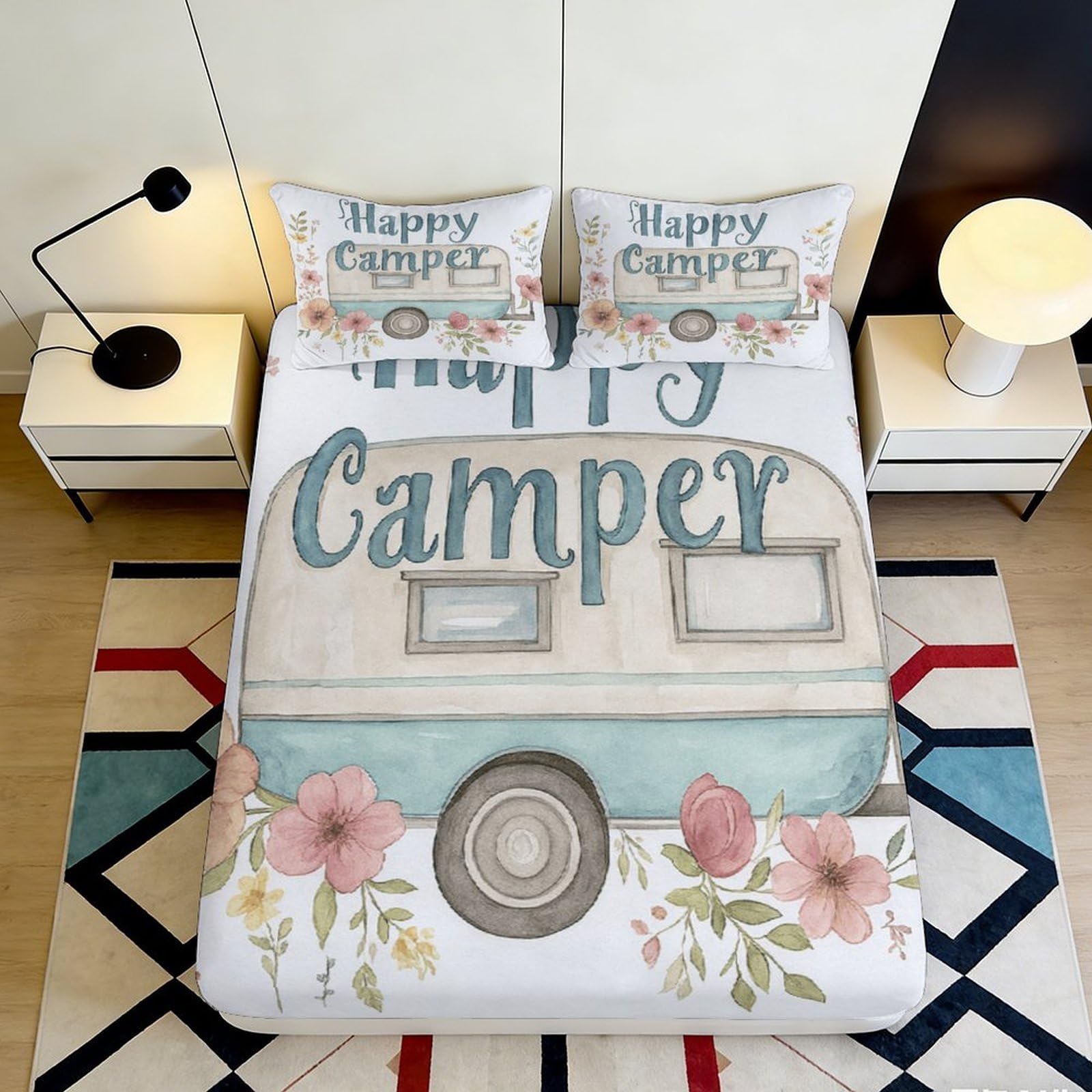 3D Printed Happy Camper Fitted Sheet Microfiber Soft Breathable Floral Bed Cover for Bedroom Dormitory Guest Room Mattress Protection 140x200x25cm