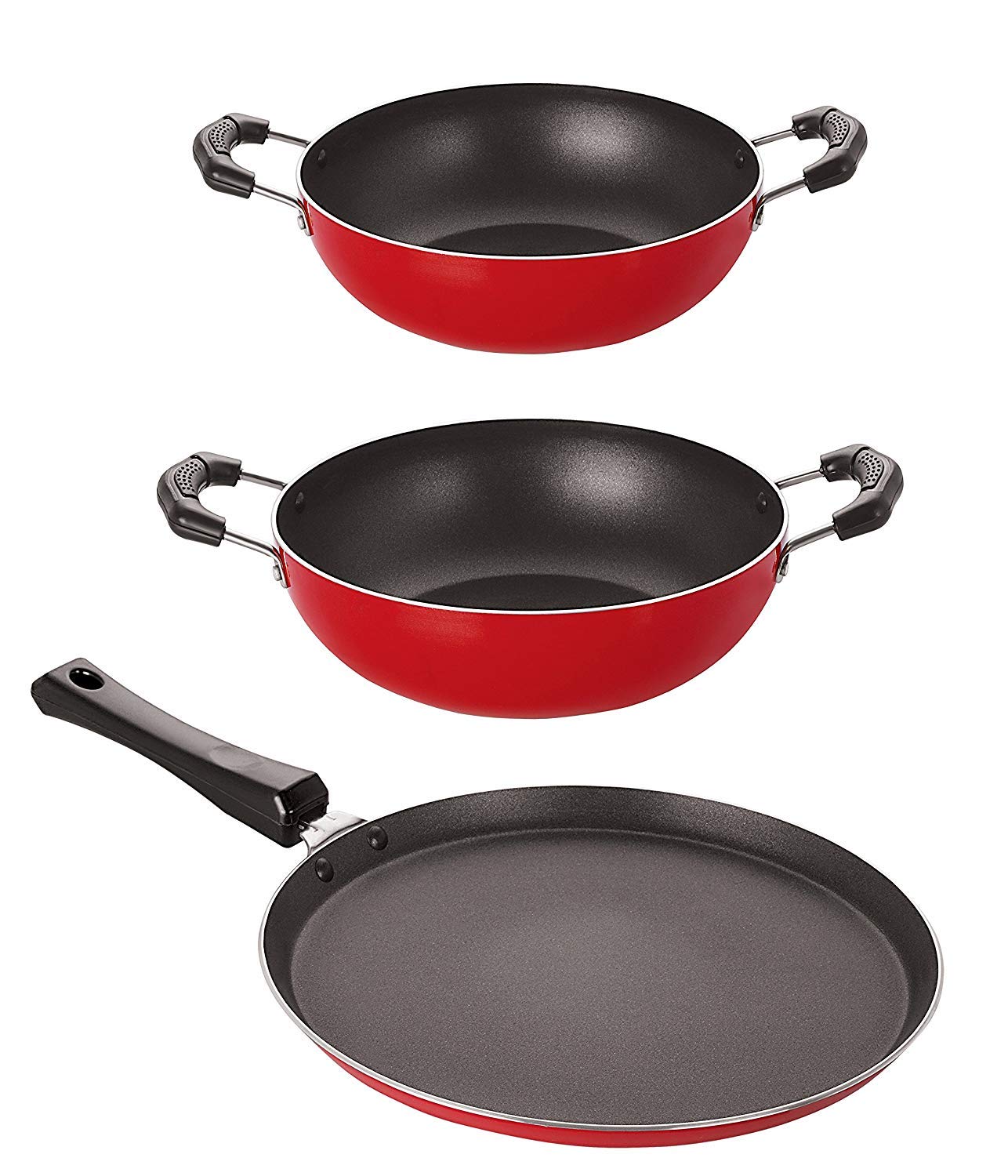 BMS LifestyleBMS Lifestyle Non-Stick Aluminium Cookware Set, 3-Pieces, (1-Piece Flat Tawa & 2-Piece Kadai) Red
