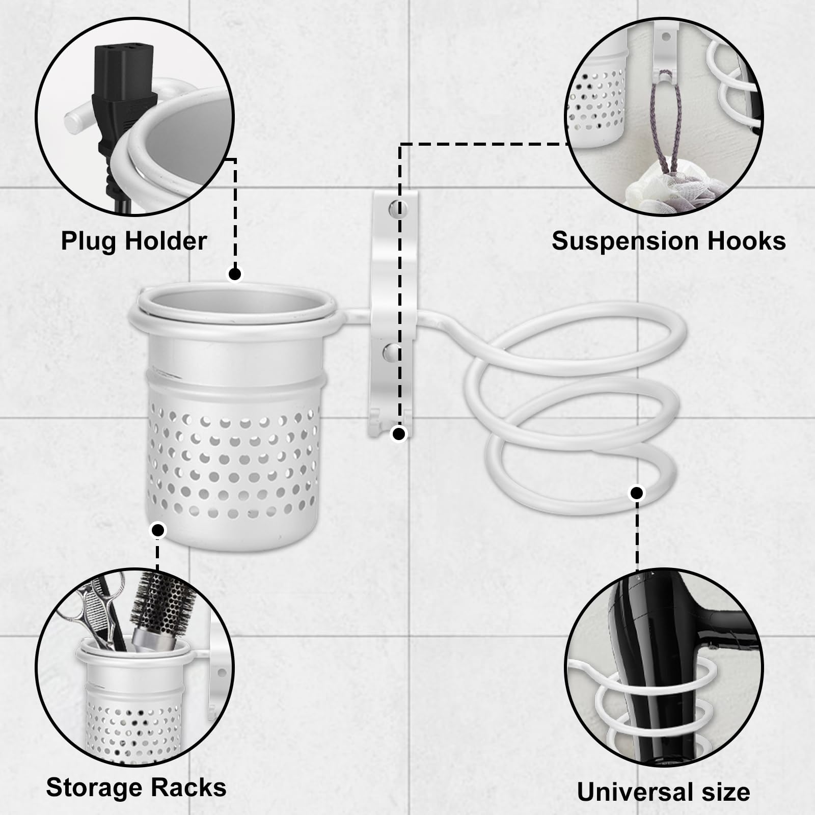 XILIMEN Hair Dryer Holder Wall Mount - Stainless Steel Organizer With Plug Hook & Storage, Adhesive Mount, No Drilling For Bathroom