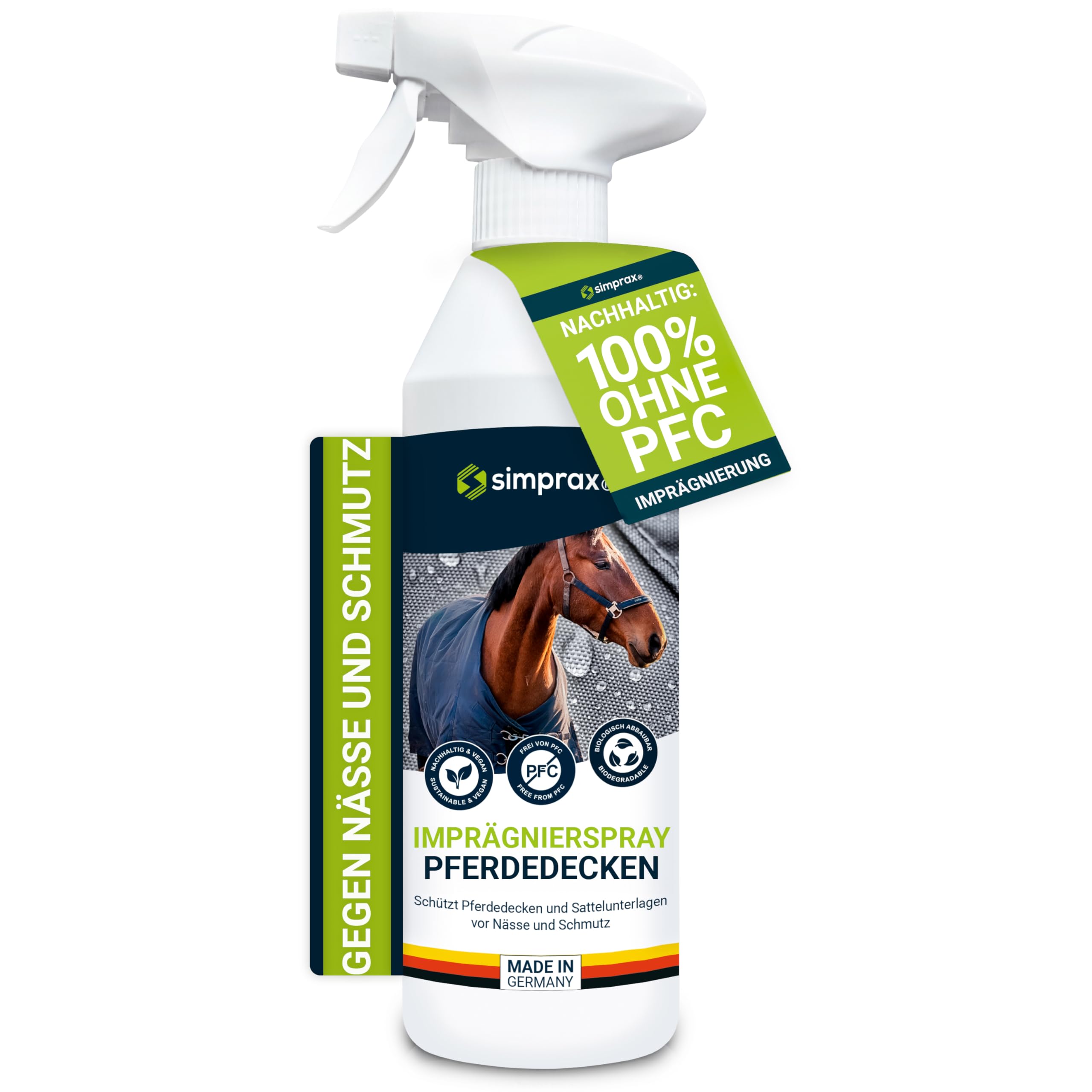 simprax® Spray impermeabilizante para Mantas para Caballos - Impregnación Transpirable para Mantas de Caballos/Animales - Duradero y Efectivo - sostenible y Certificado - 500ml