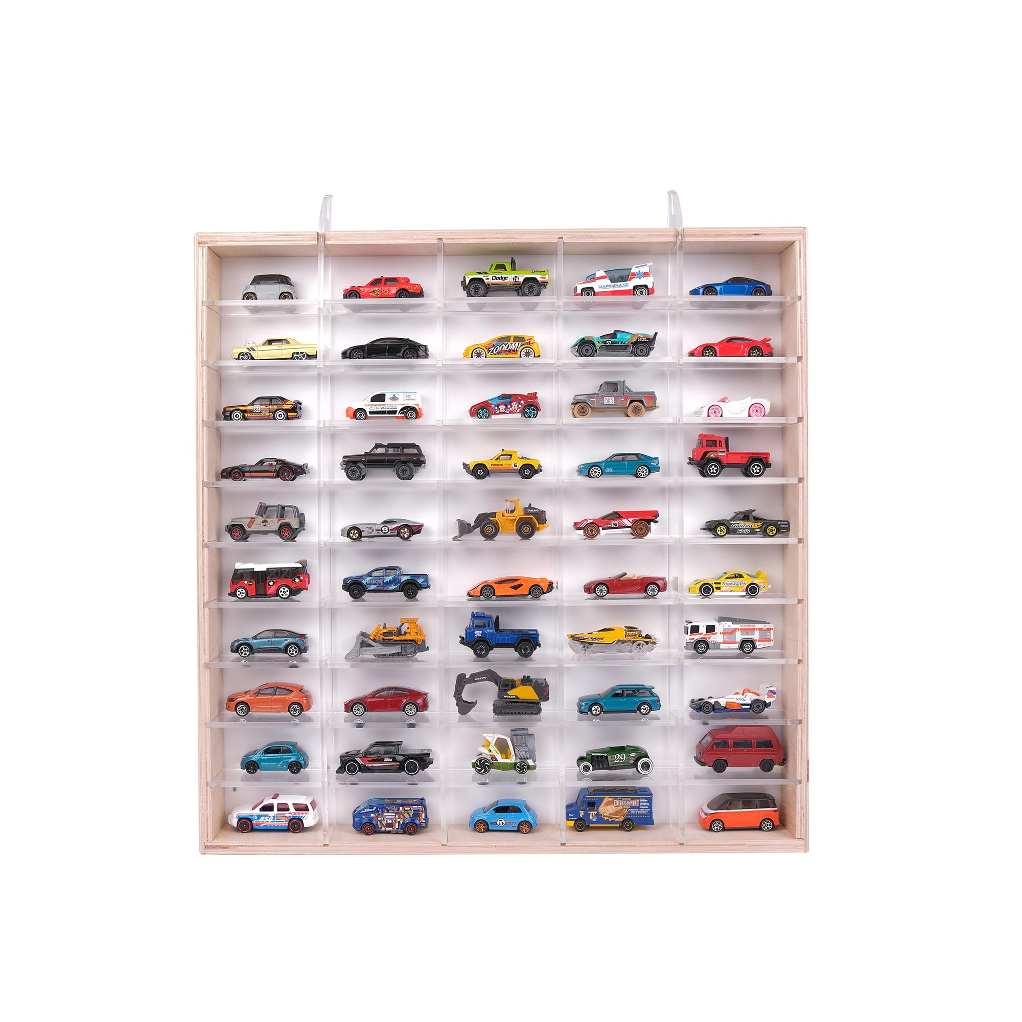 Rozitoys 50’li Ahşap Araba Rafı – Duvara Asılabilen Pleksi Raflı Koleksiyon Düzenleyici, 1/64 Ölçekli 51x6x52 cm
