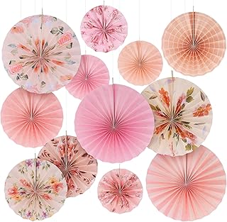Thenshop 12 Pcs Pink Hanging Paper Fans Decoration Wedding Boho Floral Round Paper Fans Vintage Style Ceiling Hanging Flower Decor for Tea Party Wedding Garden Bridal Birthday Events