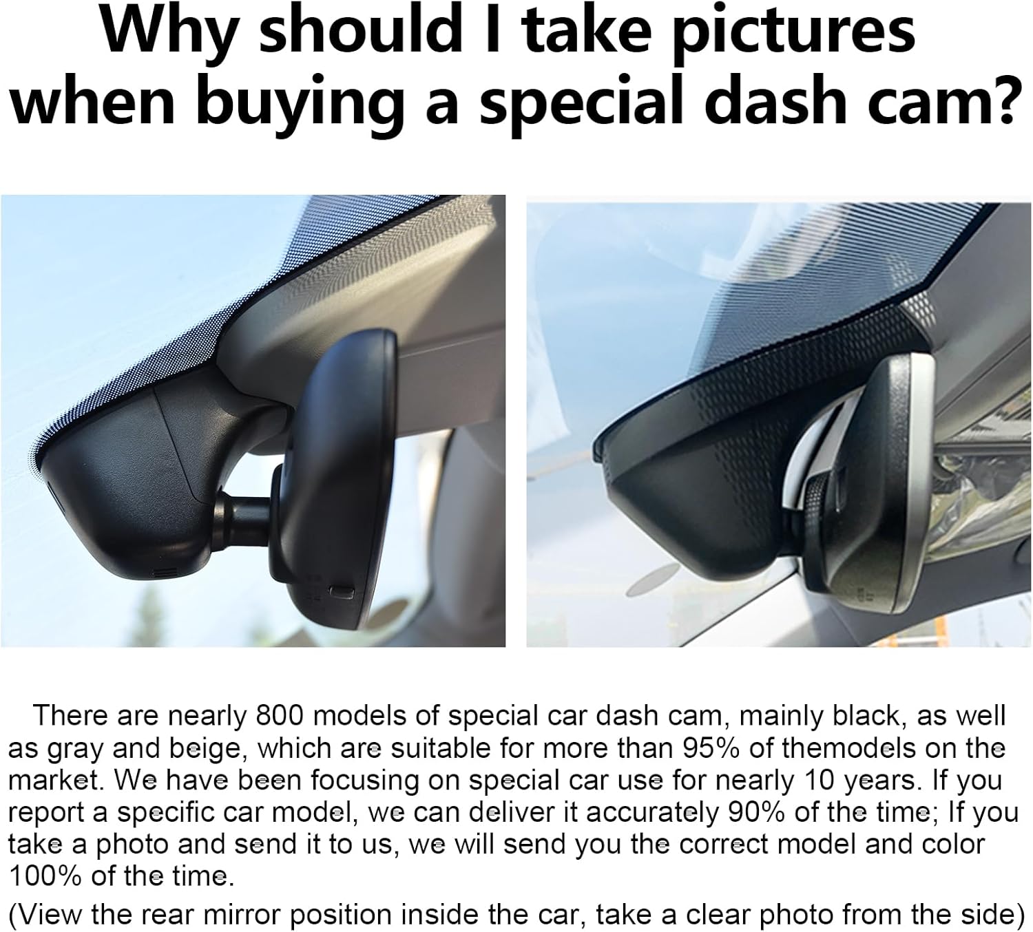 Comparison of two different OEM style dash cam installations near a rearview mirror