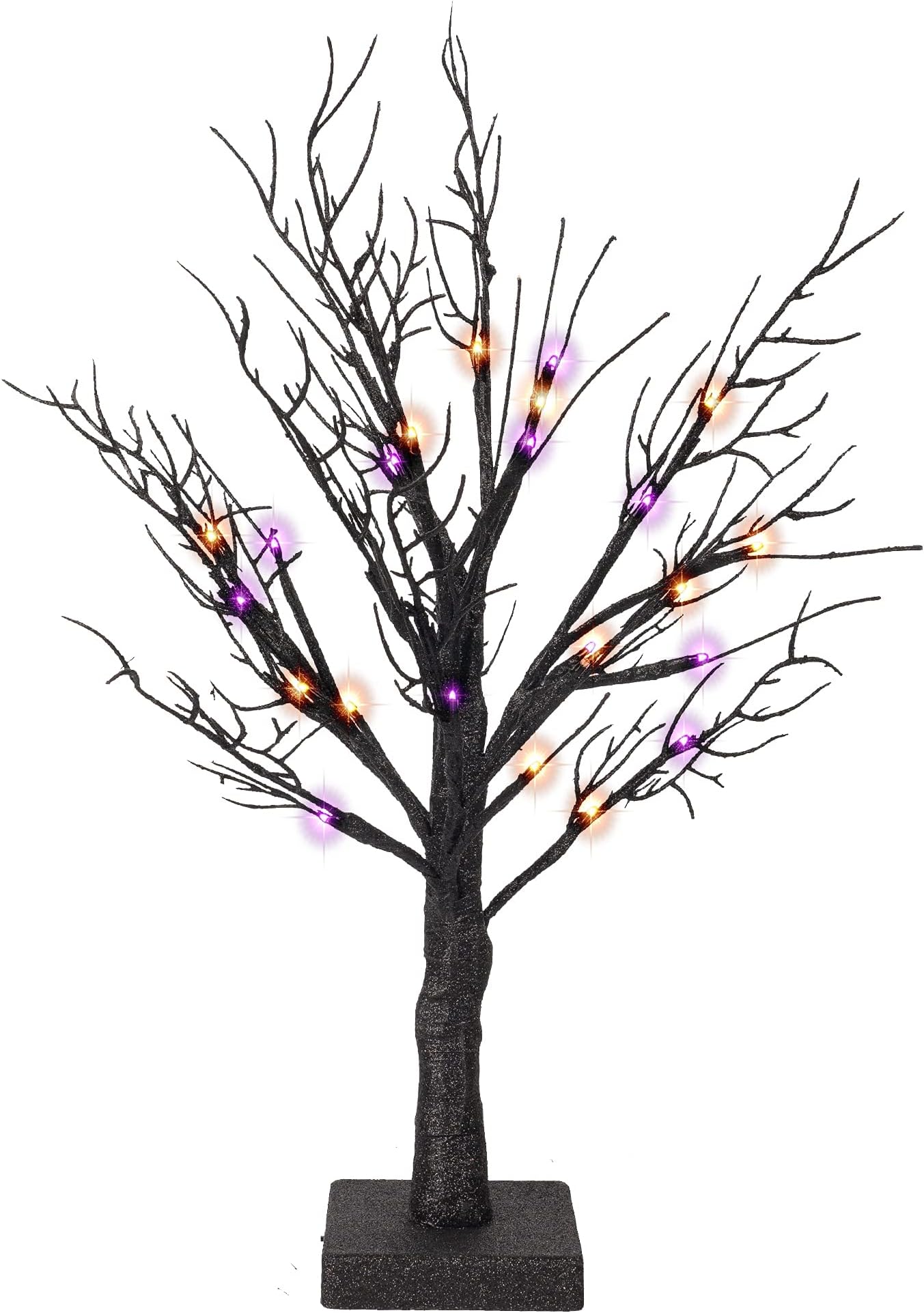 FUNPENY Lighted Black Birch Spooky Tree, 2FT Halloween Battery Operated Tree Lights with Spider Web and Spider, Indoor Table Desktop Holiday Decorations (Purple & Orange)