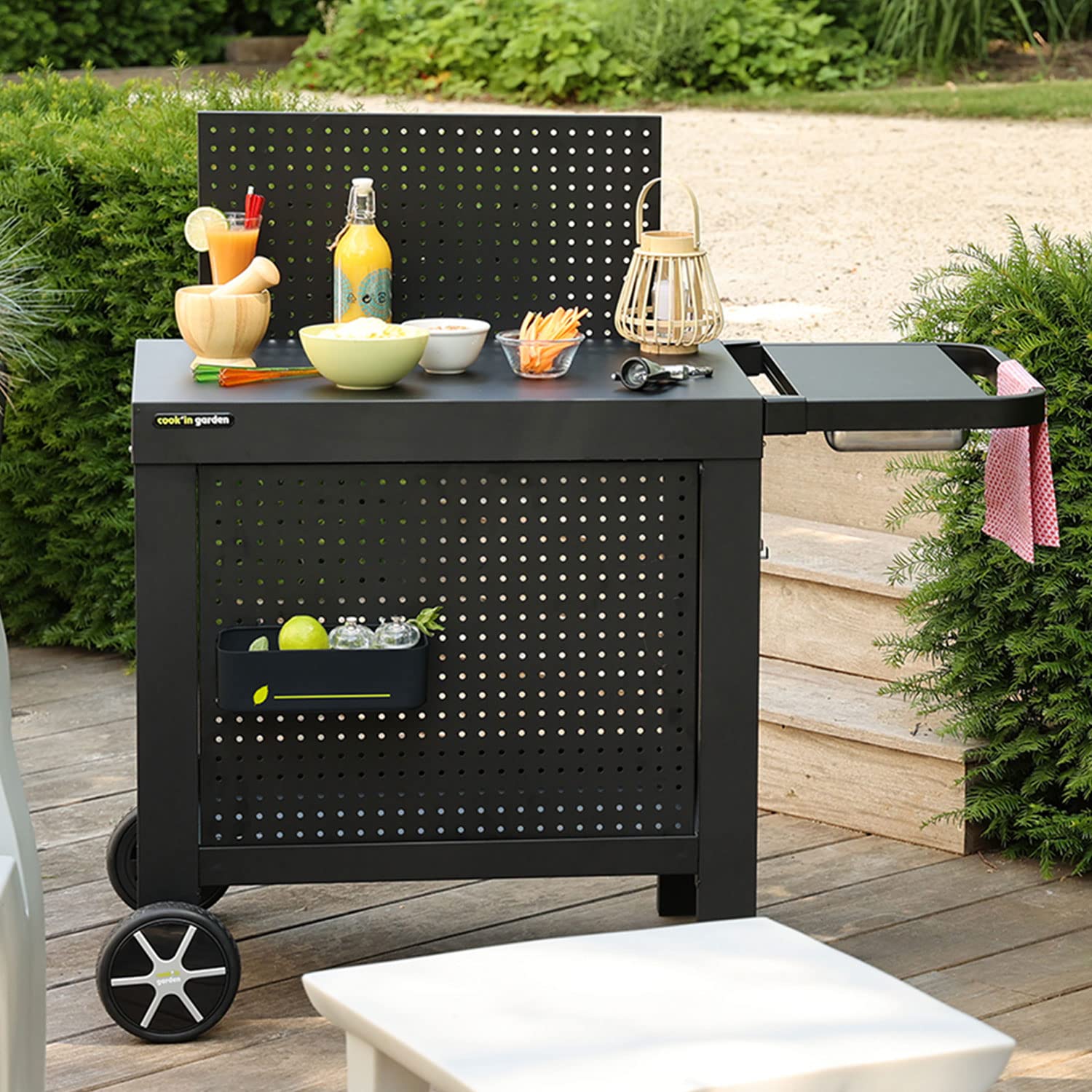 Desserte da giardino Reva 110 Premium, carrello con piano di lavoro e credenza amovibile, mobile su ruote