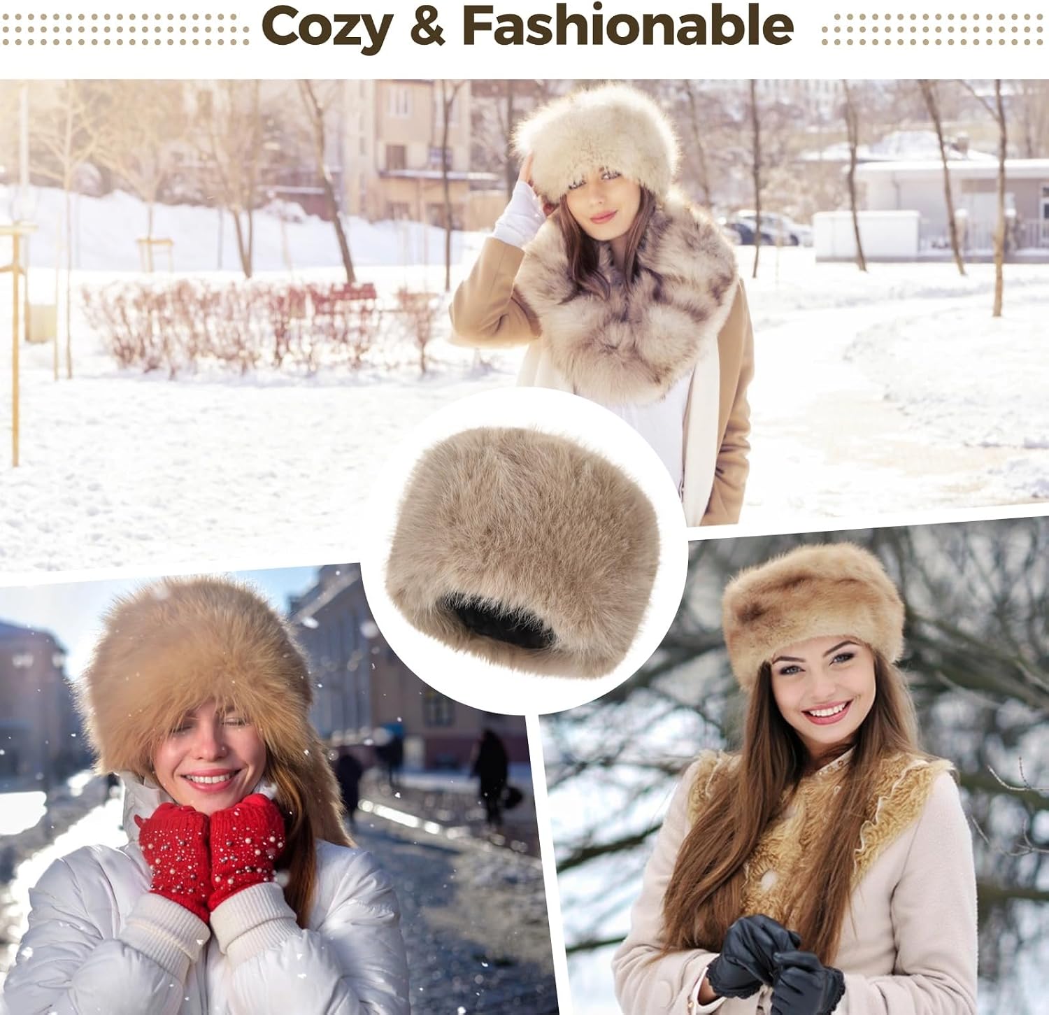 Women's Winter Cossack Hat, Faux Fur Hat for Winter, Fur Bucket Hats for Women, Head Circumference: 21.3-22.8 in
