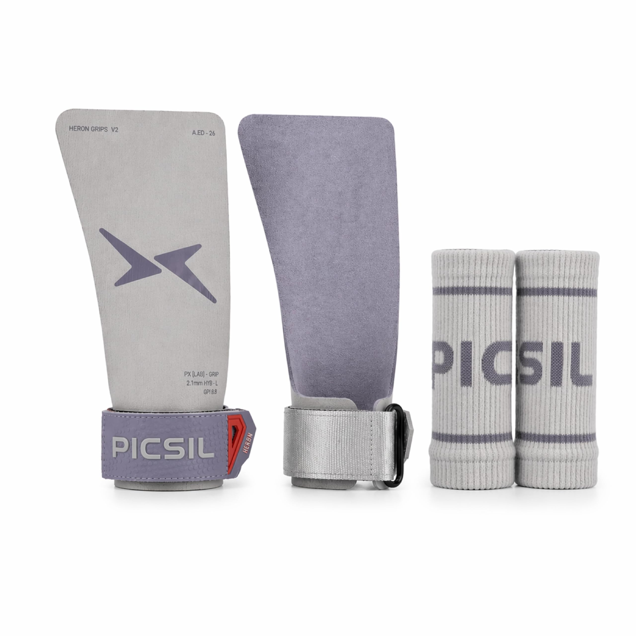 PICSIL - Heron Grips, Wristbands and Carry Bag, Hybrid Grip with PU, Aramid & Microfibe, Full Hand Protection for Crosstraining & Gym - Fog, G+