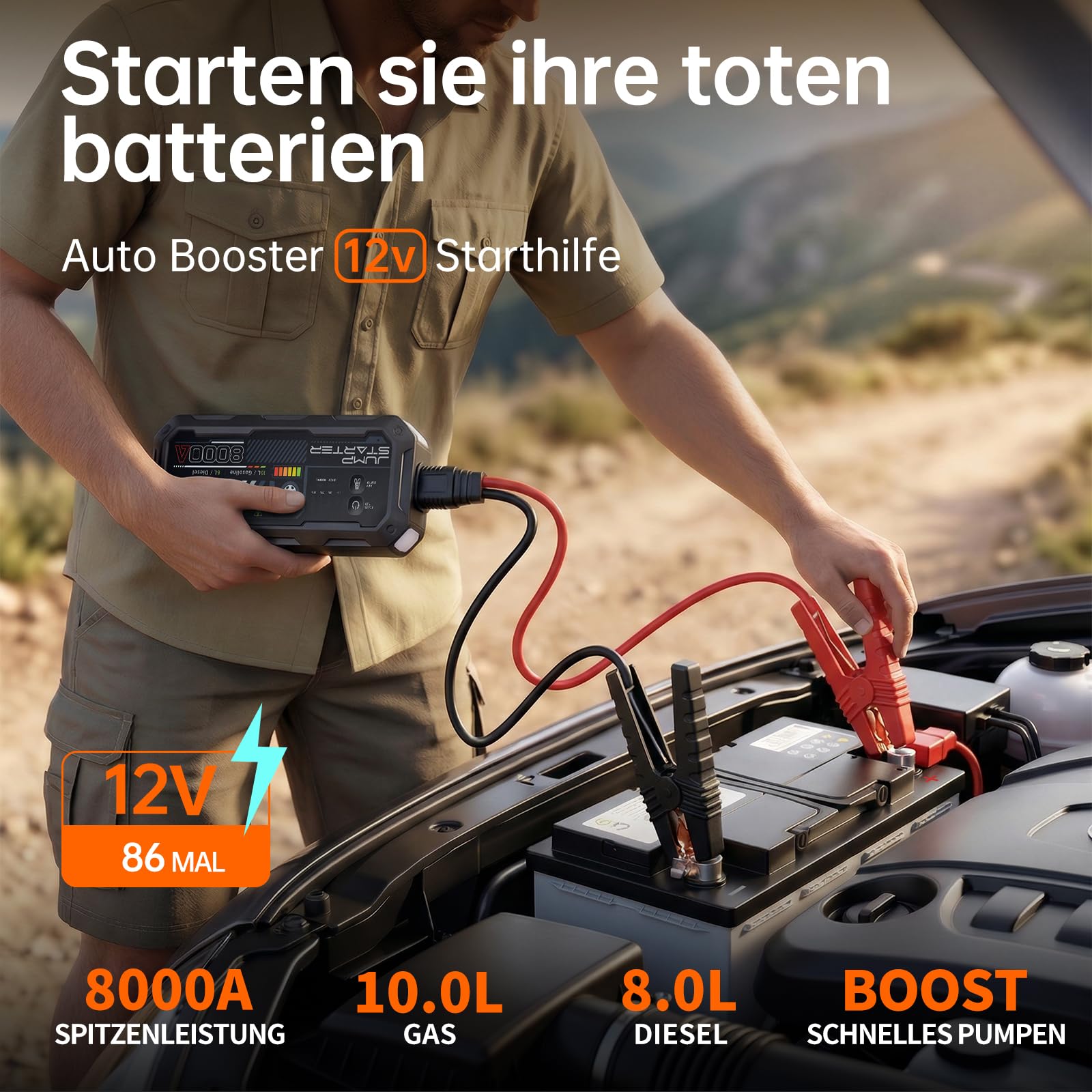 8000A Starthilfe Powerbank für Auto bis 12L Diesel & 10L Benzin