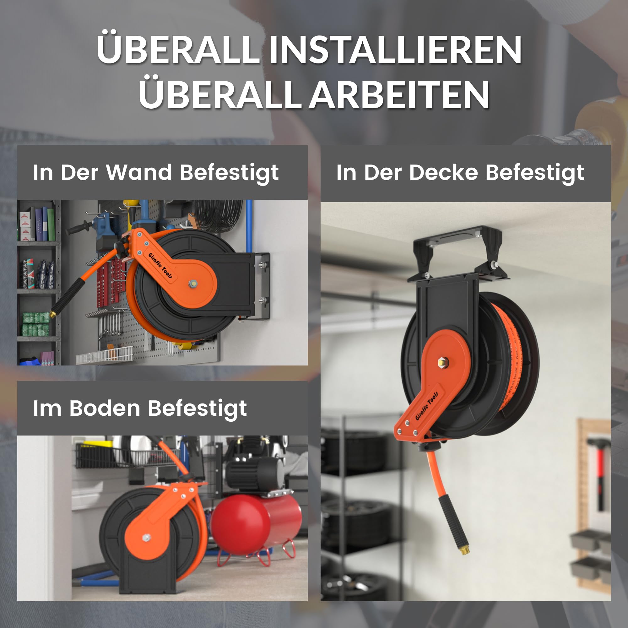 Giraffe Tools Automatik Druckluftschlauchtrommel 15M-Robuster Aufroller mit 1/4" Anschluss&3/8" Schlauch (Ø9,5mm) max 300PSI für Werkstatt und Garage-Plus Version mit 180°Schwenkbracket und Zubehörset