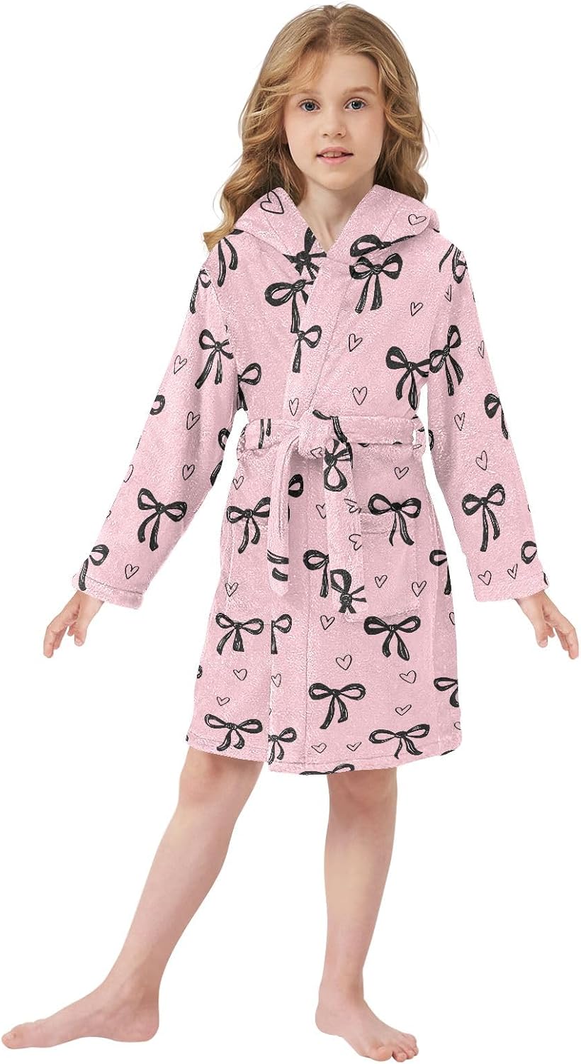 Black Bow Heart Toddler Hooded Bathrobe for Boys Girls Soft Plush Bath Towel Robe 2-12 Years