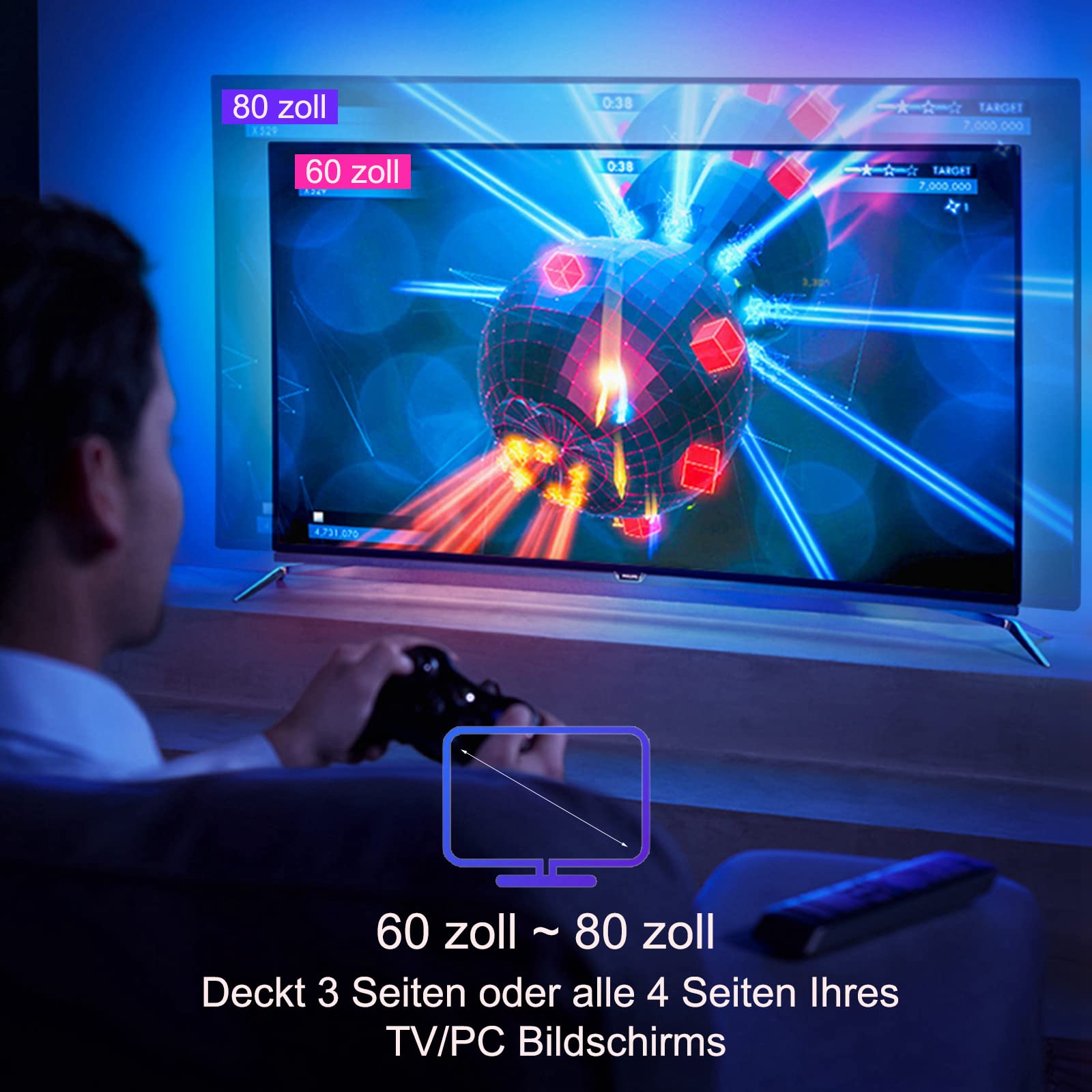 Striscia LED RGB, 5 m, striscia LED Bluetooth, retroilluminazione per TV da 60 a 80 pollici, USB TV, controllo app, sincronizzazione musicale, decorazione per TV, schermo PC
