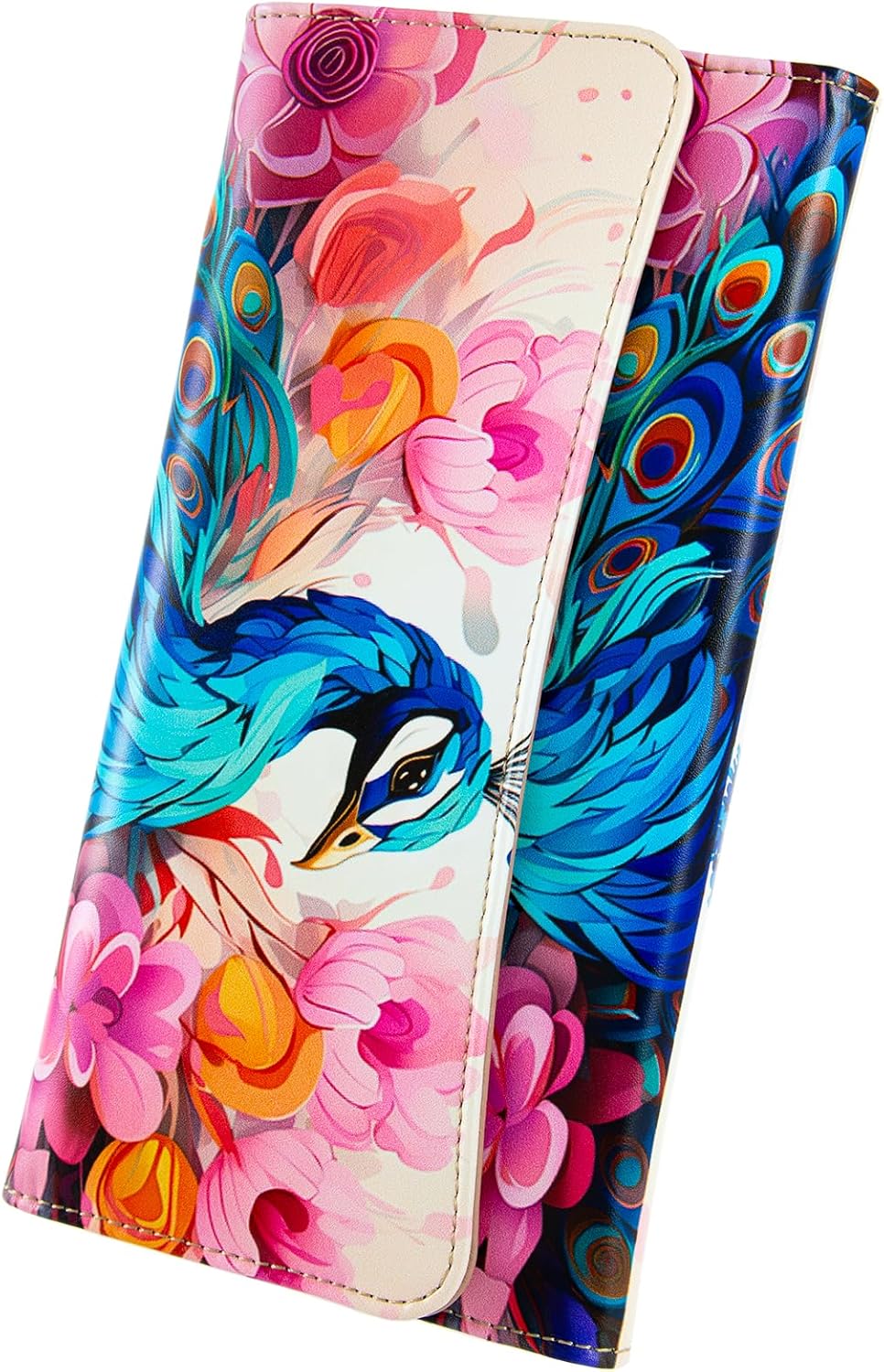 Womens Wallet Leather RFID Blocking Trifold Ladies Purse long Clutch Credit Card Holder Phone Checkbook Organizer (Watercolor Peacock)