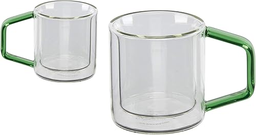 casaWare Juego de 2 tazas de café expreso de vidrio borosilicato con aislamiento de doble pared de 4 onzas con asas de colores de ajuste cómodo