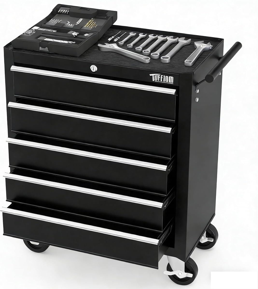 5-Drawer Rolling Tool Chest w/Drawers & Lock, Tool Storage Cabinet with Lockable Wheels, Top Cushion & Drawer Liners, Tool Organizer Box for Garage, Warehouse & Repair Sho