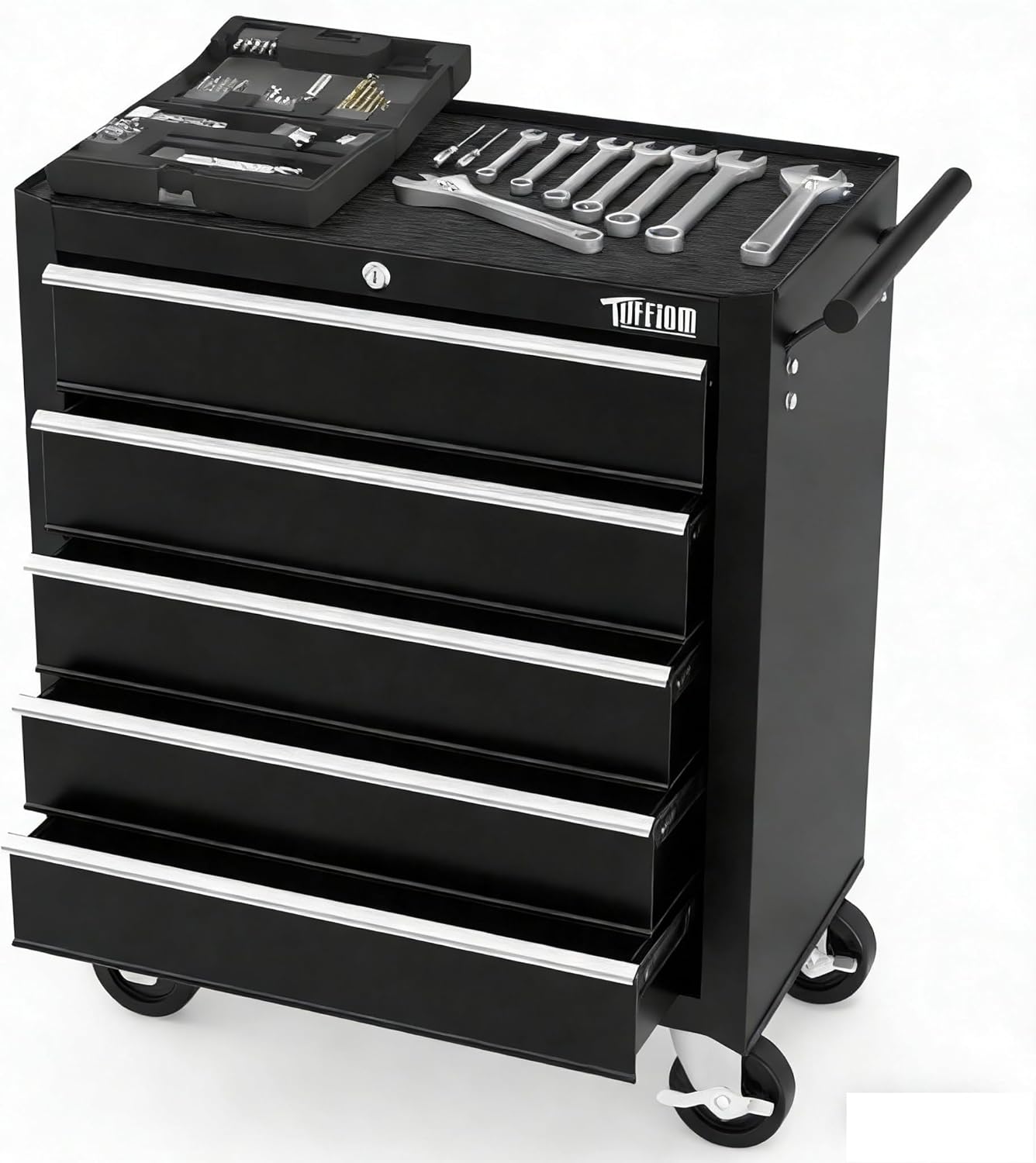TUFFIOM 5-Drawer Rolling Tool Chest with Lockable Wheels, Top Cushion & Liners - Durable Steel Organizer for Garage Workshop