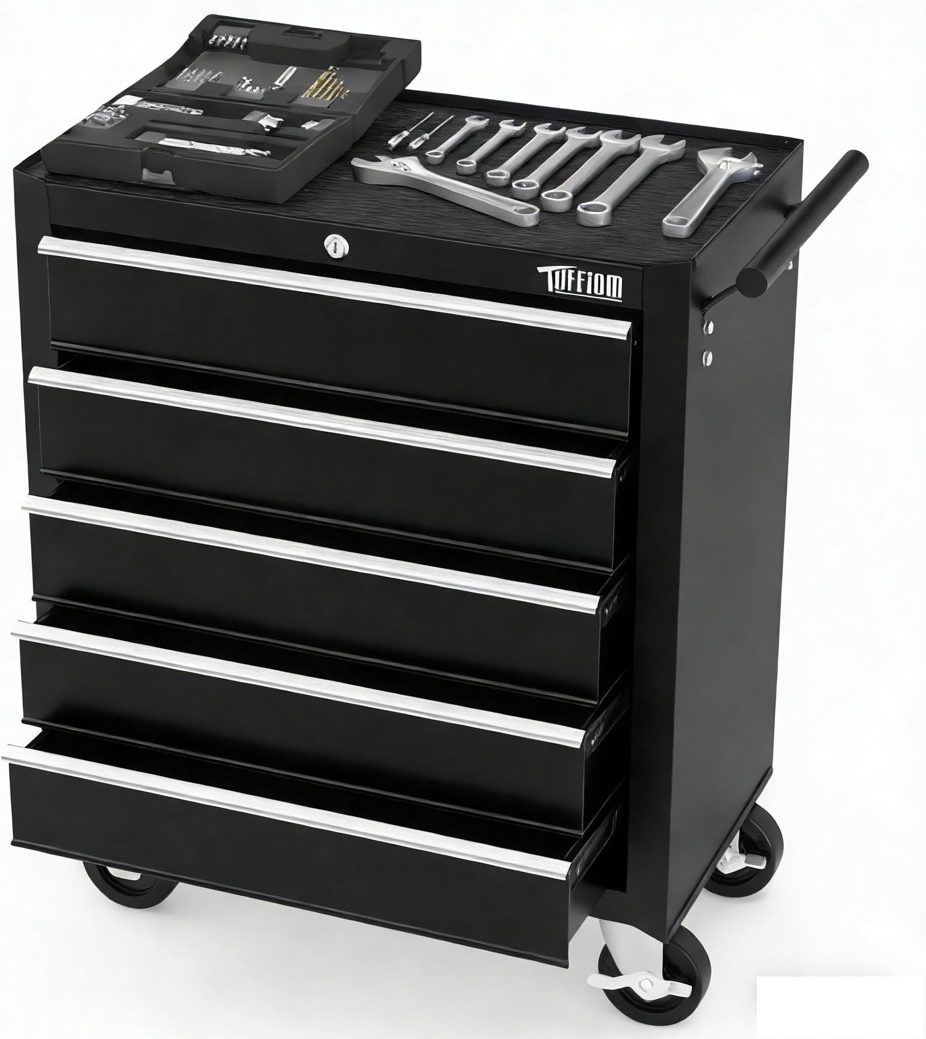 TUFFIOM 5-Drawer Rolling Tool Chest w/Drawers & Lock, Tool Storage Cabinet with Lockable Wheels, Top Cushion & Drawer Liners, Tool Organizer Box for Garage, Warehouse & Repair Sho