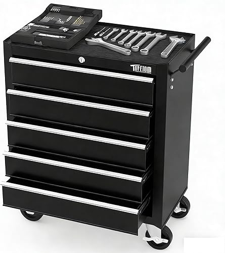 TUFFIOM Caja de herramientas con ruedas de 5 cajones con cajones y cerradura, armario de almacenamiento de herramientas con ruedas bloqueables,