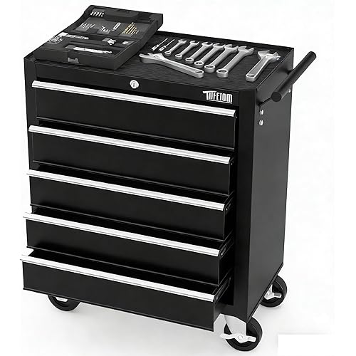 TUFFIOM 5-Drawer Rolling Tool Chest w/Drawers & Lock, Tool Storage Cabinet with Lockable Wheels, Top Cushion & Drawer Liners, Tool Organizer Box for Garage, Warehouse & Repair Sho