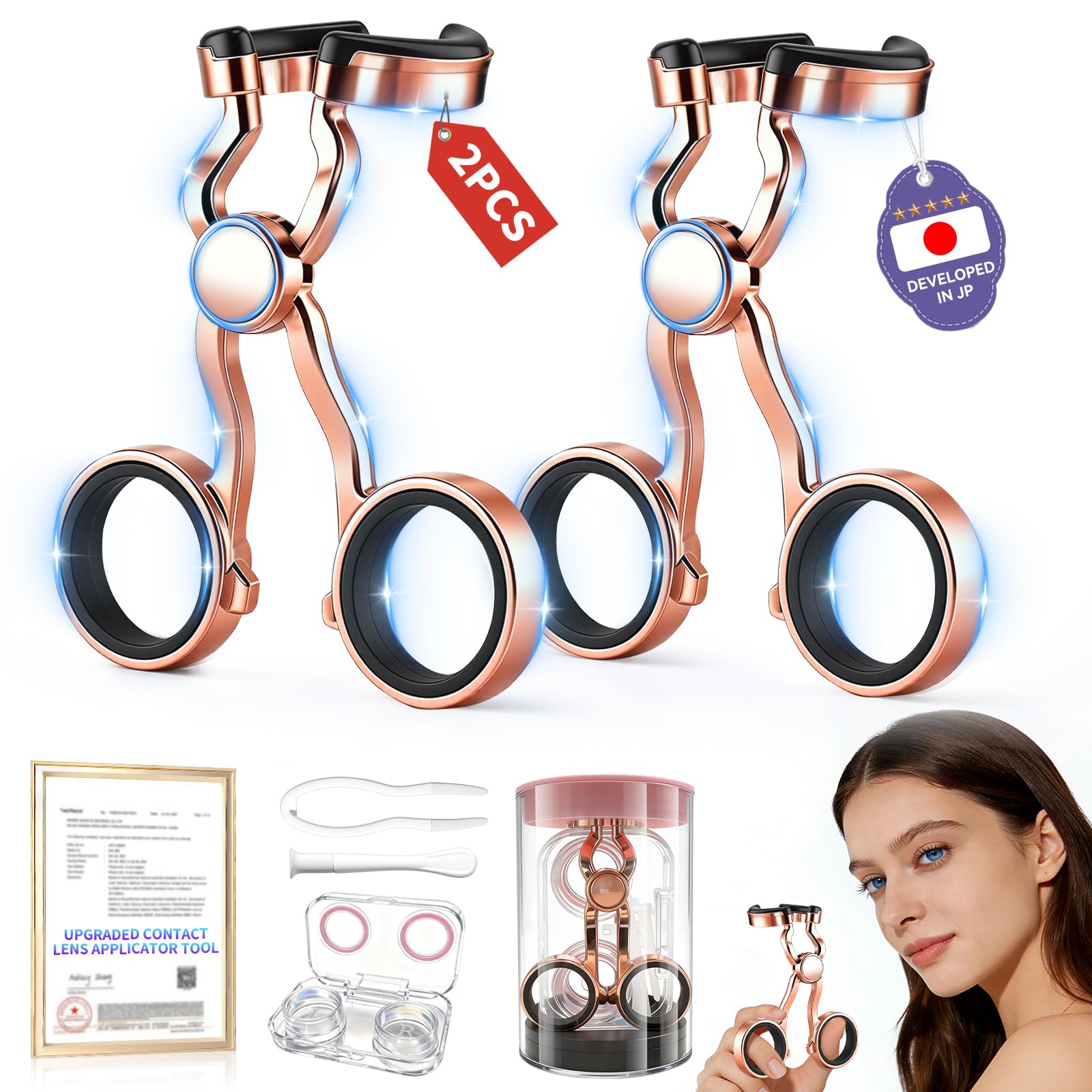2 Sets Contact Lens Applicator Tool Kits | Rose Gold | 3-Step Easy Wear