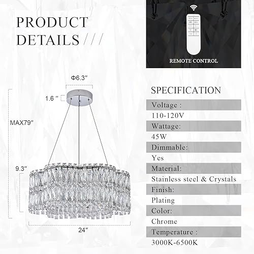 Miniatura 4 de Poemoon Moderno candelabro LED de cristal de 24 pulgadas con control remoto, regulable de 3000 a 6500 K, lámparas de lujo contemporáneas, lámpara