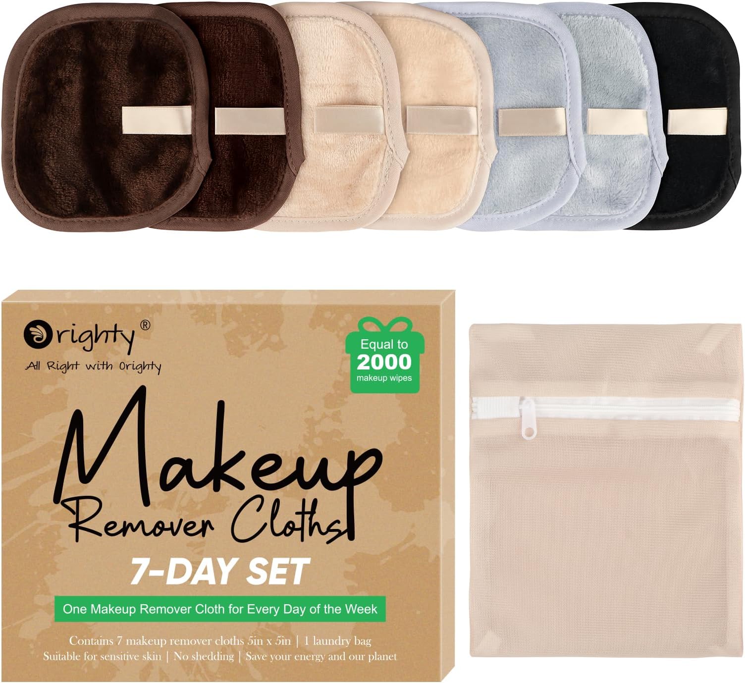 Makeup Remover Cloths 7-Day Set, Premium & Reusable Makeup Remover Pads, Erase Make-up With Just Water, Make-up Set For Eyes, Lips, Foundation and more, Ideal Choice For Women (Neutrals)