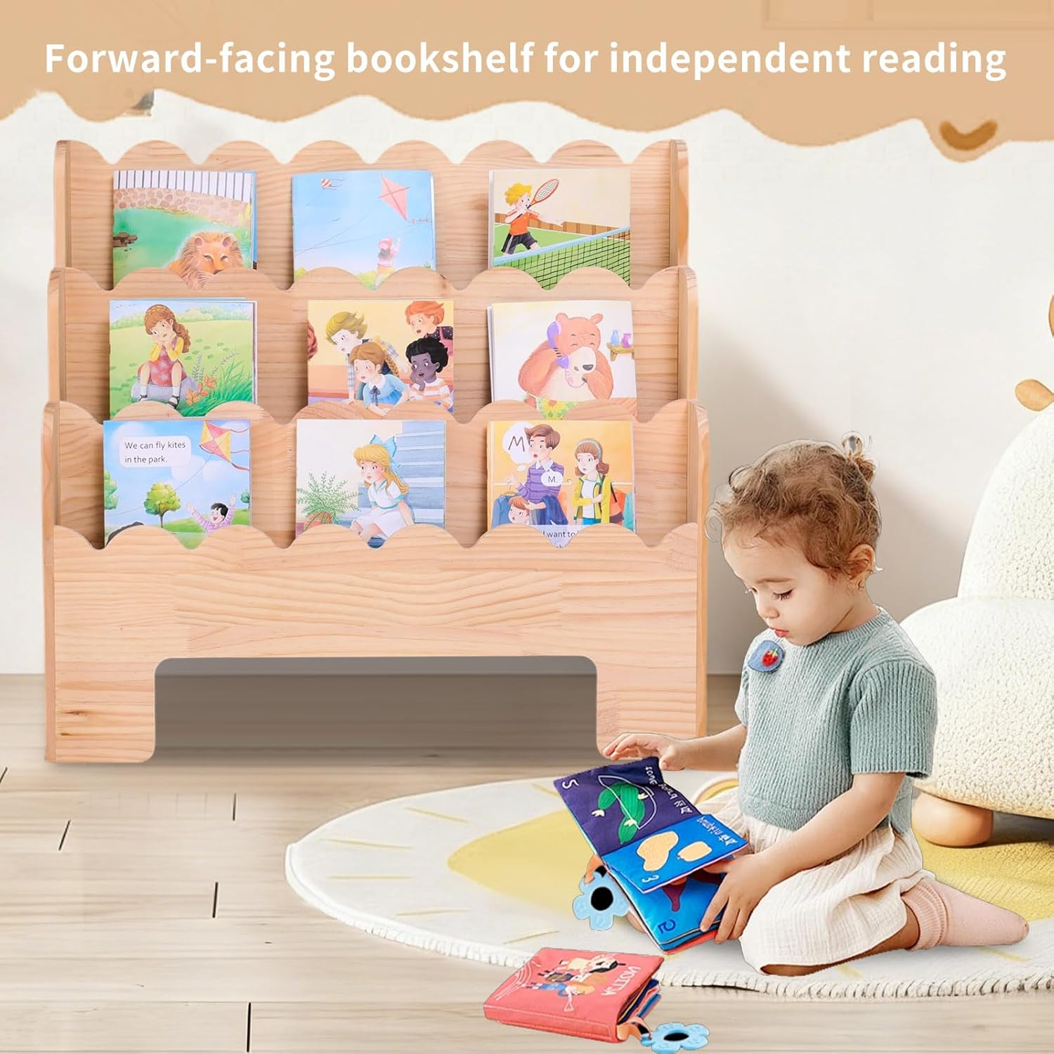 Wooden Kids Bookshelf 3-Tier, Front Facing Toddler Montessori Bookshelf，Scalloped Book Shelf for Kids Rooms, Baby Nursery Book Shelves Classroom Bookcase
