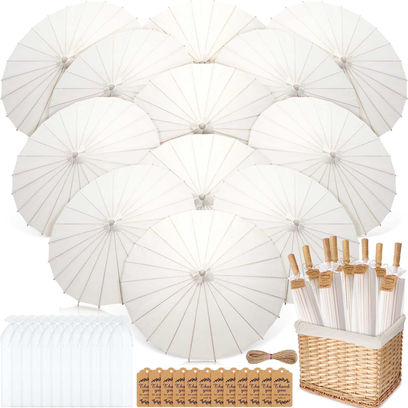 12 Set 33 Inch Paper Parasol Umbrella Thank You Cards, White | Bulk Wedding Decorative, Chinese Oiled Design for Sun Shade, Bridal Photography Props, Japanese DIY Painting Surface