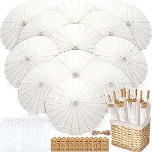 12 Set Parasol Umbrella 33 Inch Wedding Paper Umbrellas Thank You Card Chinese Japanese Parasol DIY Oiled Paper Painting Craft Decorative for Bridal Party Decor Outdoor Photography Props(White)