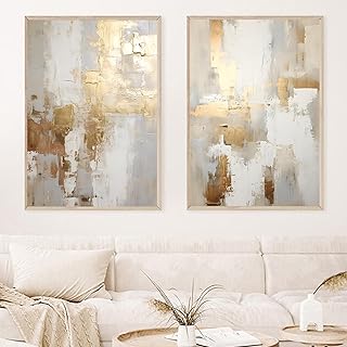 Gold Foil Abstract Wall Art Modern Abstract Painting Neutral Beige Wall Art Gold and Grey Artwork Brown Beige Gold Wall Art Abstract Neutral Prints White and Gold Abstract Painting 16x24inchx2 No Frame