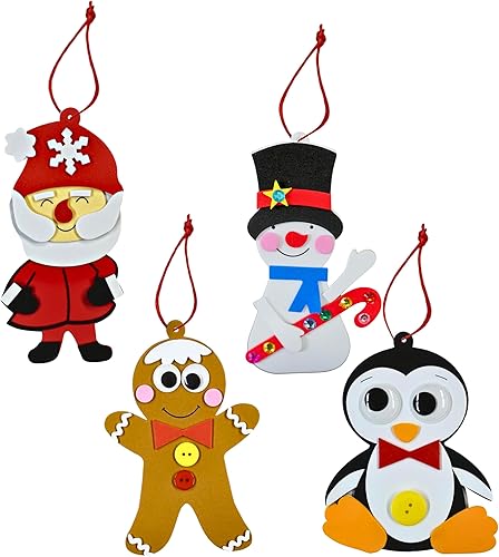 4E's Novelty Adorno navideño de espuma para niños (paquete de 12) Papá Noel, hombre de jengibre, muñeco de nieve y pingüino, manualidades de Navidad