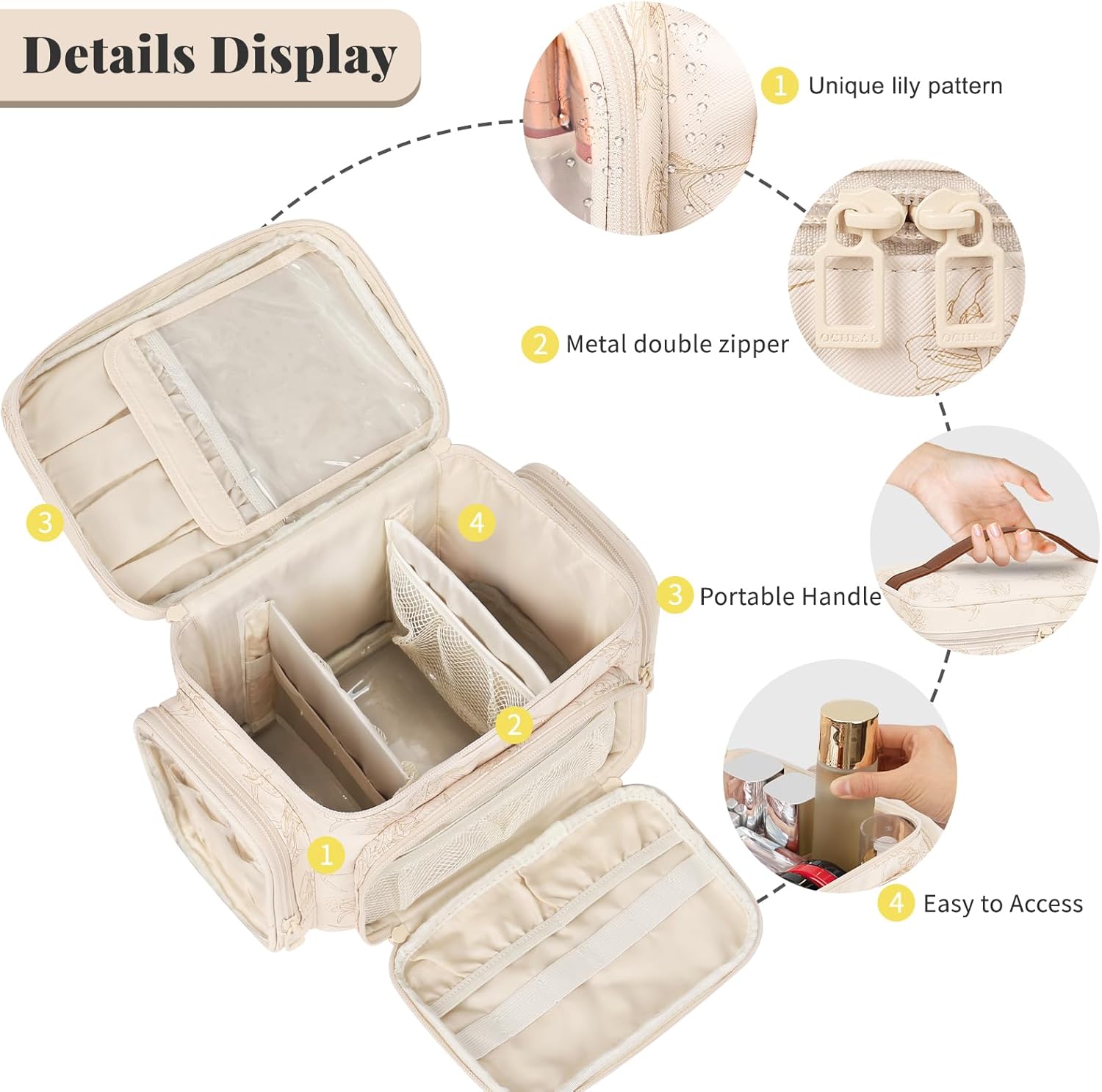 Bagmoly Large Makeup Bag, Portable Travel Makeup Bag Organizer for Women Girls with Makeup Brush Compartment & Two Side Pockets, Cosmetic Travel Bag Vertical Storage Toiletry - Beige - Image 2