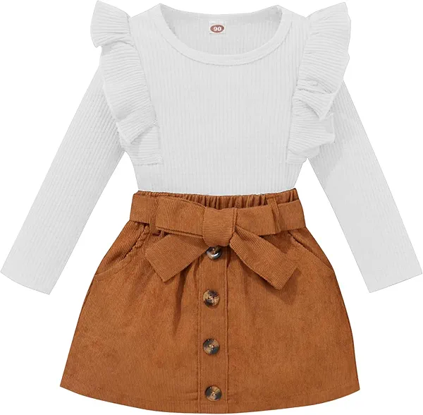 AMAWMW Toddler Baby Girl Fall Winter Clothes Long Sleeve Ruffle Shirt Corduroy Mini Skirt Infant Girl A-line Dress Clothing