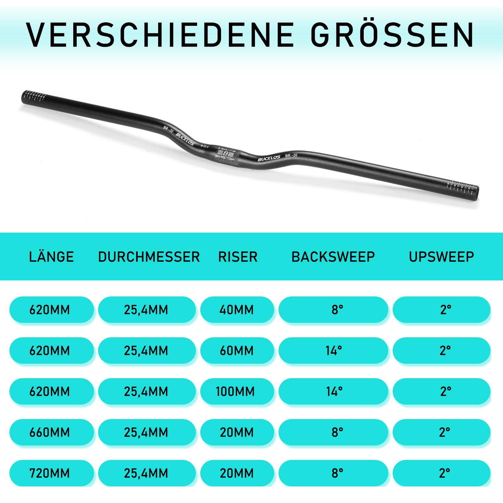 Guidon de VTT 25,4 mm – 20/40/60/80/100 mm Rise en alliage d'aluminium – 720/620 mm extra long pour vélo électrique, vélo pliable et course de descente