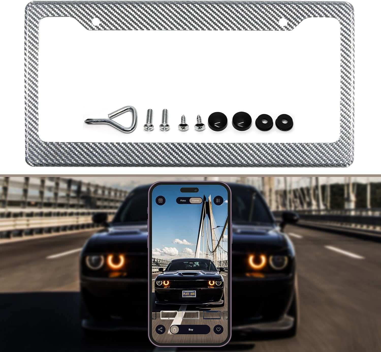 100% Real 3K Twill Weave Pure Carbon Fiber Car License Plate Frame, UV Protection, Front Rear Universal Fit USA Canada Mexico Standard Size Tag Holder Model 001 (Silver)