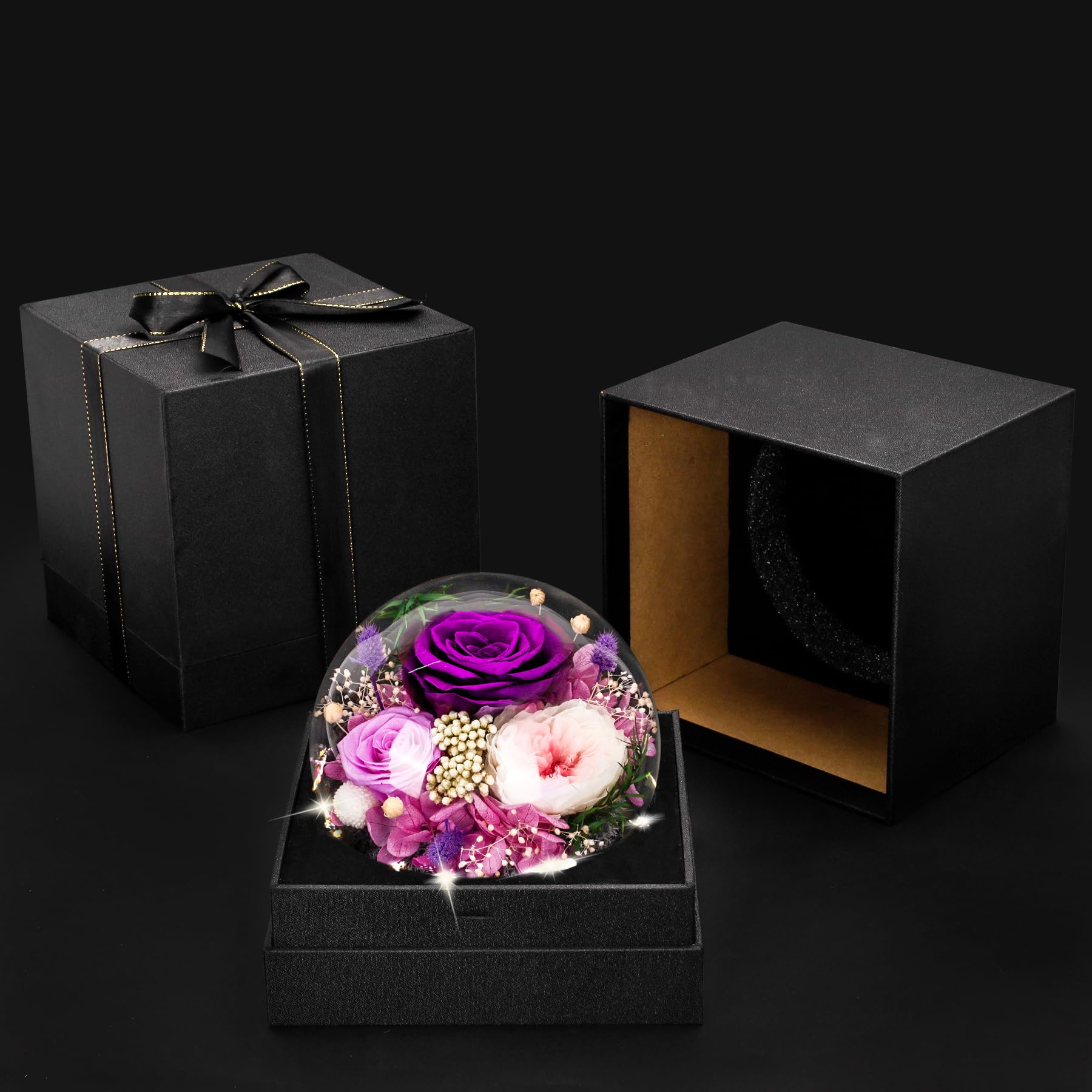 CSYY Rosa Eterna LED Luces Infinito Flor Preservada Bola de Cristal Vidrio Morado y Austin con Hortensias y Flores de Arroz para Mujeres Mamá Novia Esposa Día de Cumpleaños Púrpura