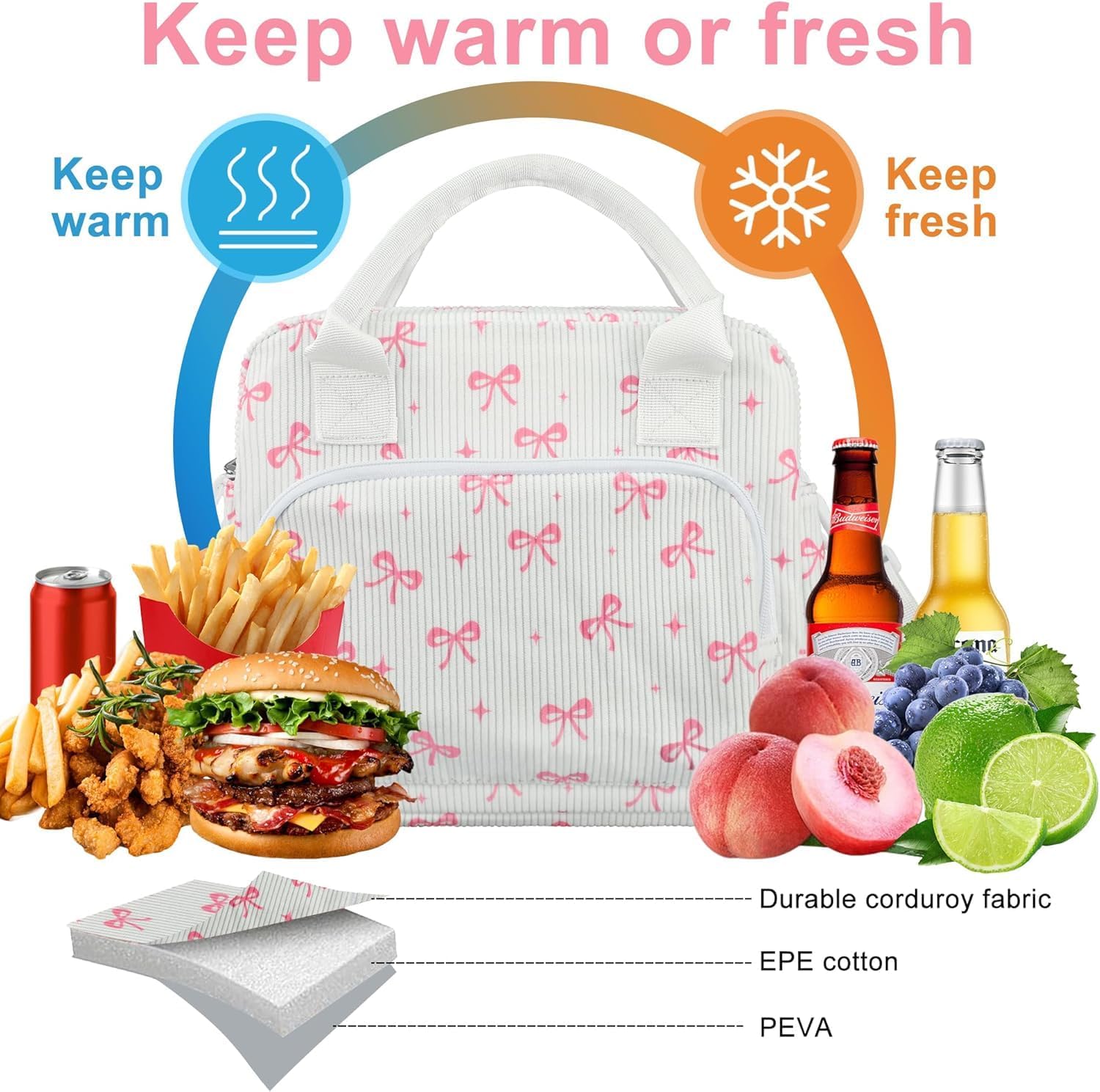 peony man Pink Bow Lunch Bag for Women Large Pink Bow Lunch Box Reusable Insulated Bows Lunches Tote Bag with Adjustable Shoulder Straps for Women Adult Work Office Travel Picnic Food Container