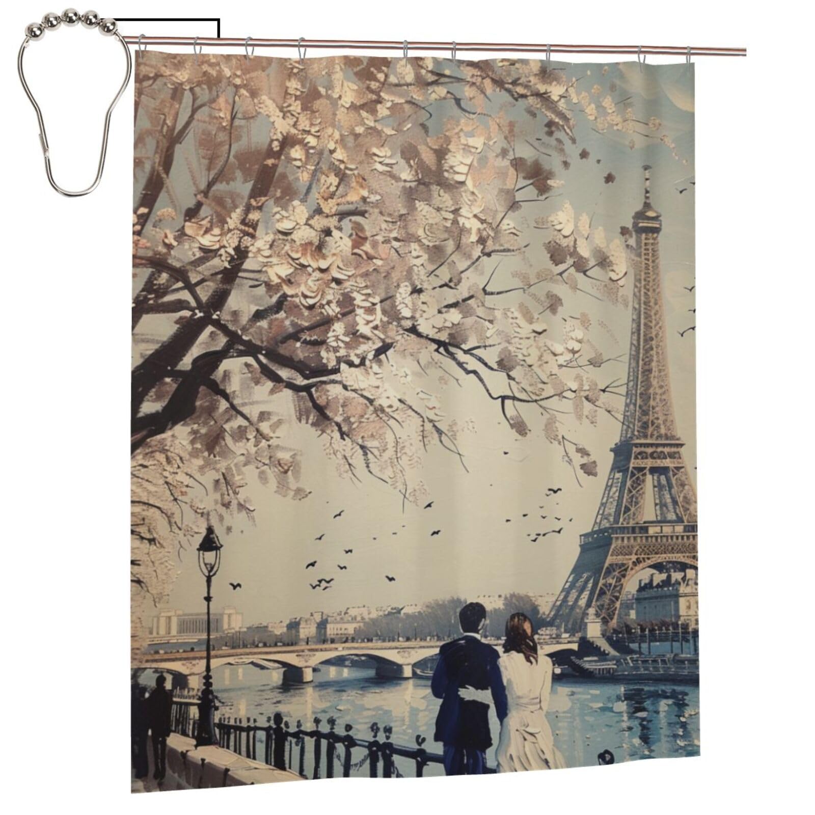 BWWHCCTI Romantic Paris Eiffel Tower Printed Shower Curtain With 12 Iron Hooks Opaque Quick Drying Waterproof Shower Curtains Sets For Bathroom 152x183 Cm