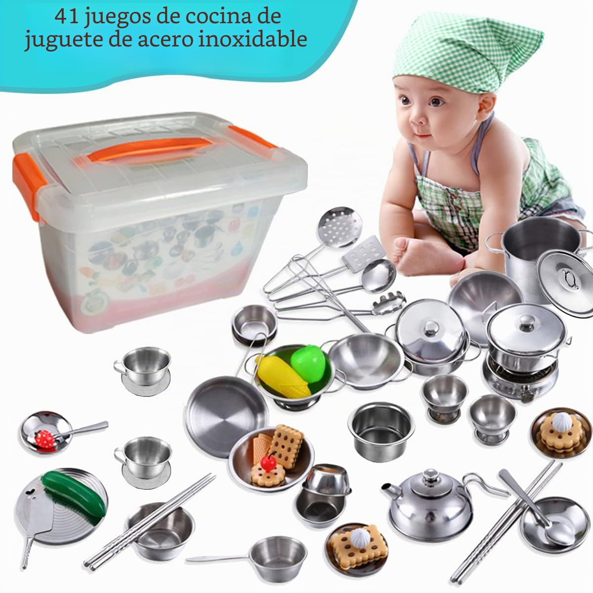 Juego de utensilios de cocina de acero inoxidable, juguetes de cocina, vienen con una práctica caja de almacenamiento, juguetes educativos para niños pequeños (41 piezas)