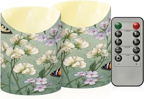 ALAZA Cute Phlox Sage Green Floral Buttefly Flickering Flameless Candles Battery Operated with Remote Timer,Tea Light Candles LED Pillar Votive Set of 2 for Outdoor Indoor Decorations 3'' x3.9''