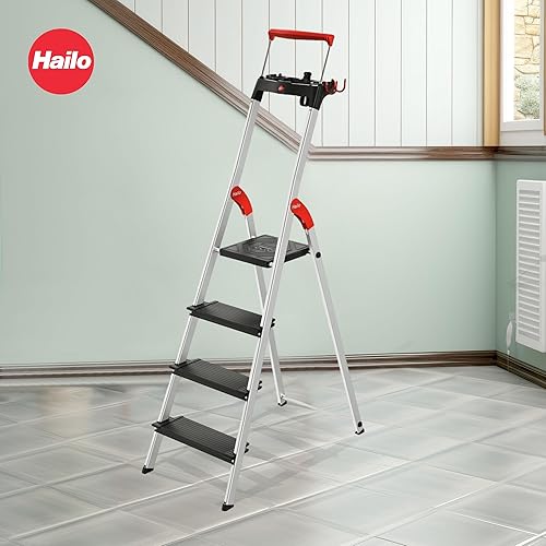 Miniatura 6 de Hailo L100 TopLine  Escalera plegable de aluminio  Cuatro pasos  Riel de seguridad extensible  Bandeja de almacenamiento multifuncional integrada